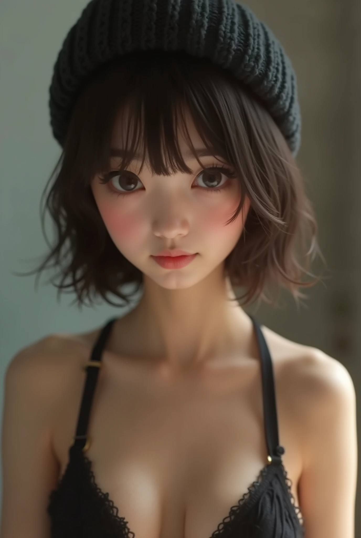 (masuter piece:1.3)、(8K、Photorealsitic、Raw photography、top-quality: 1.4)、(1girl in)、beautiful countenance、(Lifelike face)、(A dark-haired、short-hair:1.3)、((Even though I'm naked))、Wearing a cute pom-pom hat with a knitted pattern、(Photograph all hats)、realisticeyes、Beautiful details、（real looking skin）、Beautiful skins、absurderes、enticing、超A high resolution、A hyper-realistic、high-detail、the golden ratio