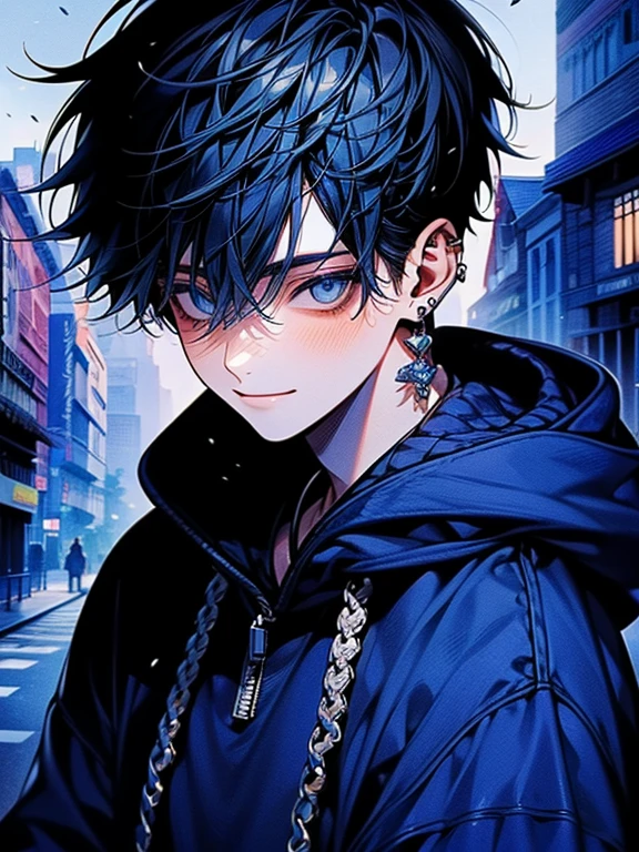 masterpiece, best quality, detailed, ultra detailed、High detail、upper body、Around town、A bustling downtown area、 young man in his 20s 、 blue hair, short hair style、Earrings、Wearing a hooded hoodie 、smile