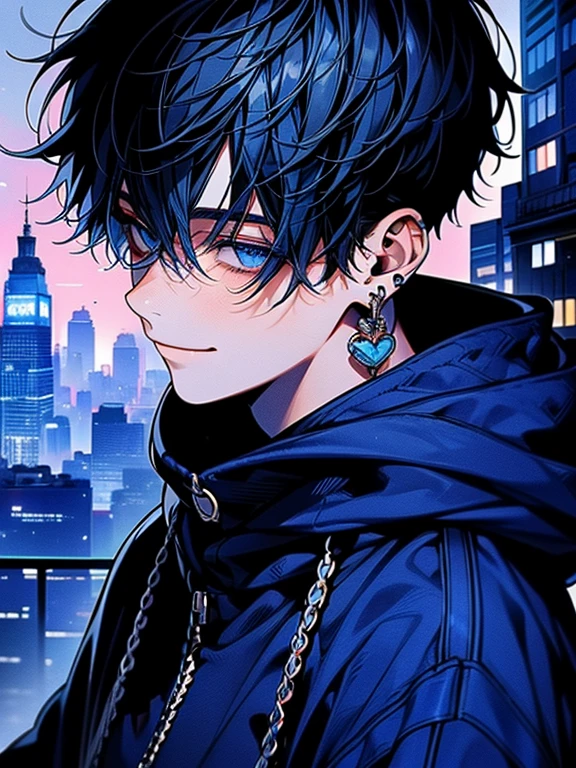 masterpiece, best quality, detailed, ultra detailed、High detail、upper body、Around town、A bustling downtown area、 young man in his 20s 、 blue hair, short hair style、Earrings、Wearing a hooded hoodie 、smile