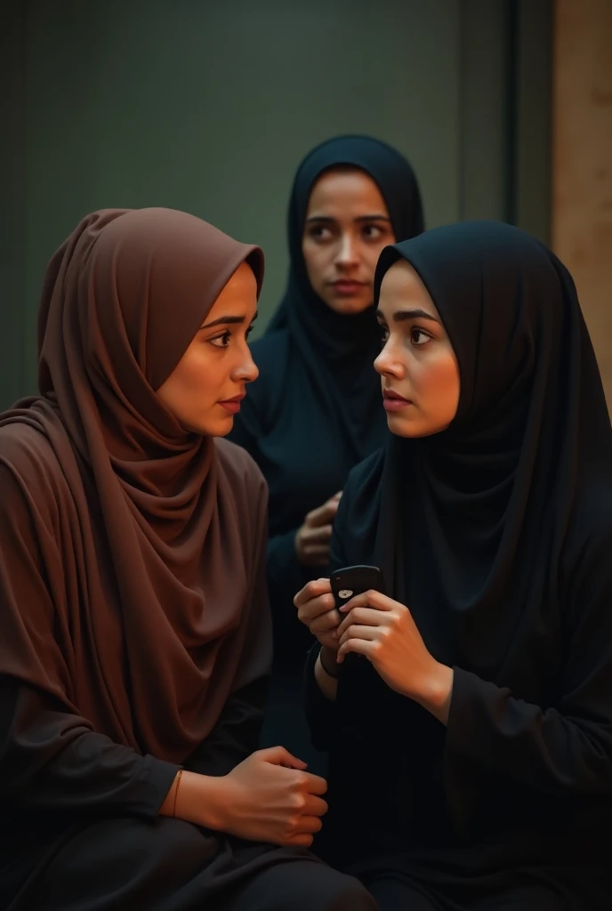 Pakistani school teacher in abaya with shocked face talking other female teachers in