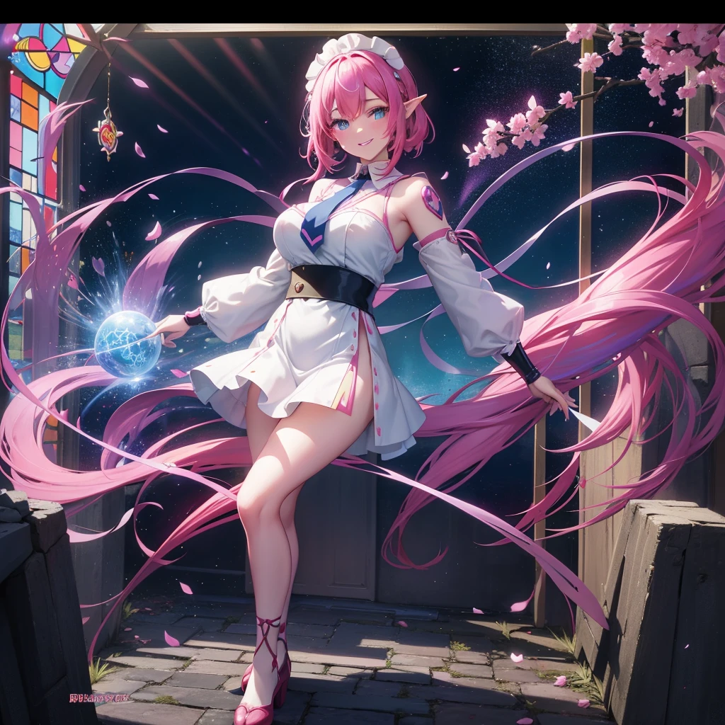 a girl,long pink hair,red eyes,Elf,kimono,Short skirt,Butterfly wings,Sexy,magic circle,combat moves,Ice Magic,ice cube,Rendering,best picture