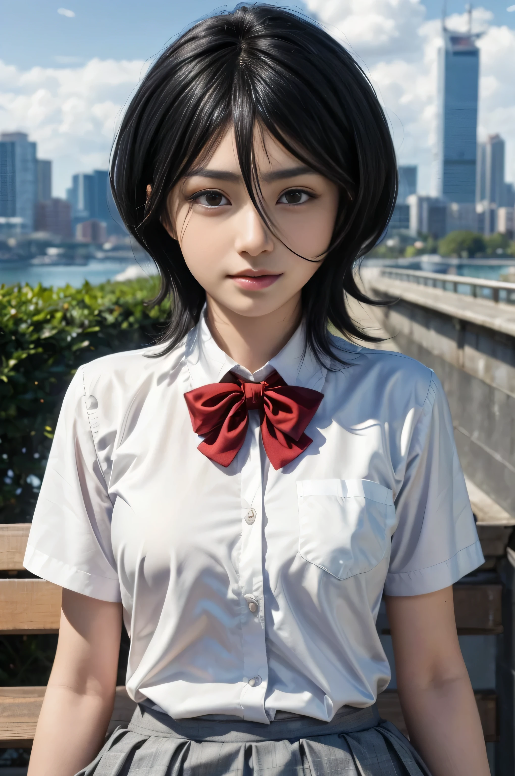 masterpiece, best quality, (realistic,photo-realistic:1.4), (RAW photo:1.2), extremely detailed CG unity 8k wallpaper, delicate and beautiful, amazing,finely detail, official art, absurdres, incredibly absurdres, huge filesize, ultra-detailed,extremely detailed eyes and face,light on face,rukia,(little smile),(black hair:1.4),(short hair:1.6),(wearing school uniform:1.5),(city background1.3)