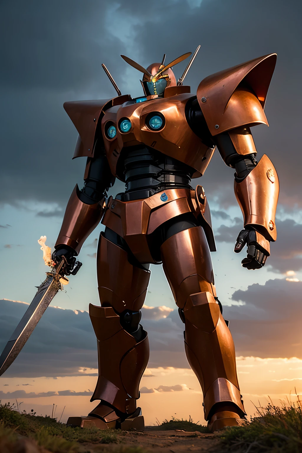 Close-up of a ((extremely handsome male warior)) , half human, half beast. Their eyes are filled with hapiness and longing. The background is a trail of blood and violence. He wears a mechanized robot armor, carved with animal elements, human skulls. The sky is filled with swirling, fiery clouds. The photo conveys a strong sense of the warrior's appearance, ((smiling))