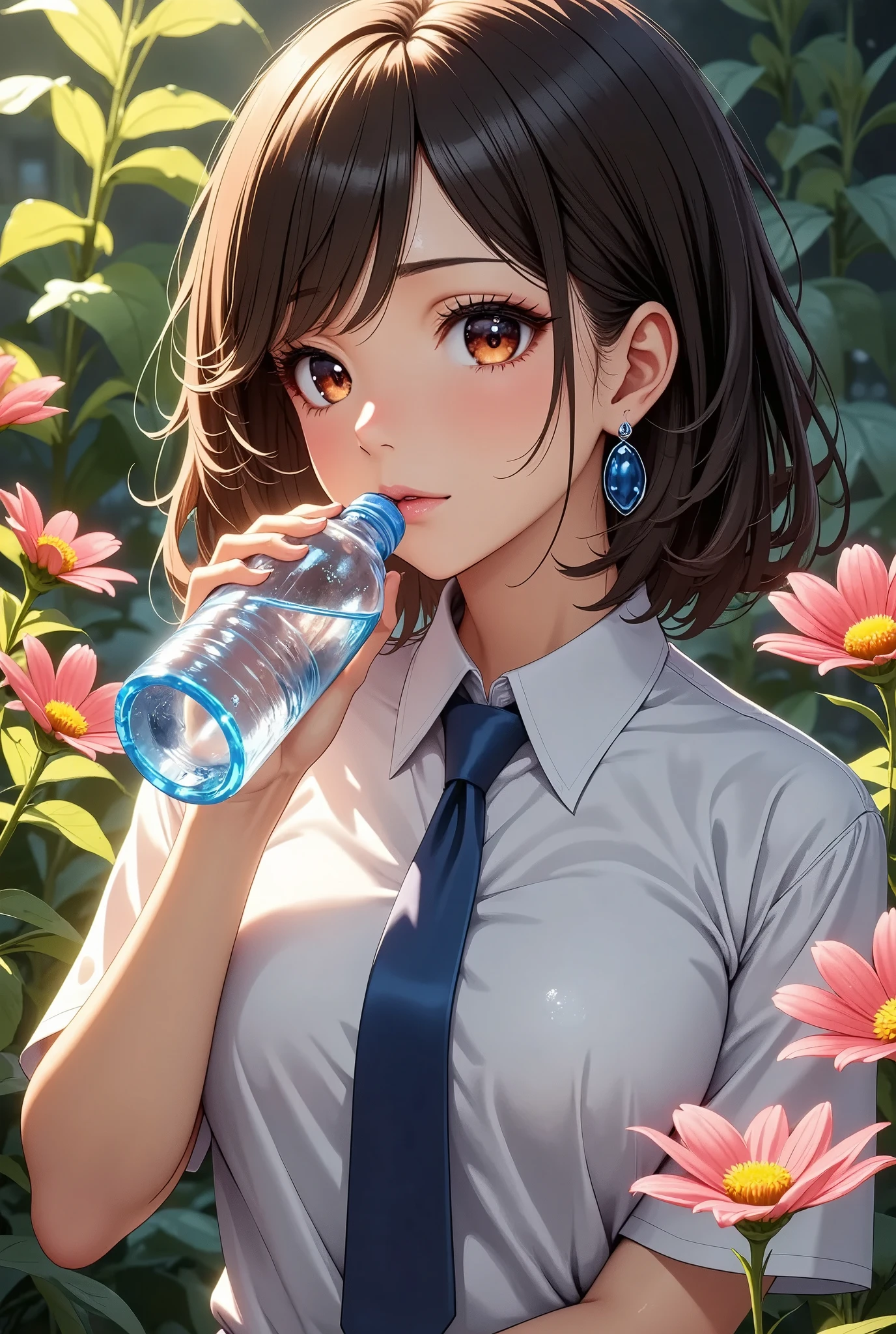 a beautiful teenage girl drinking bottled water, sweating under the hot sun, detailed realistic portrait, intricate details, photorealistic, 8k, ultra-detailed, masterpiece, dynamic lighting, warm natural lighting, glowing skin, sweat on face, messy hair, school uniform, intense gaze, emotive expression, serene, detailed background, nature scenery, lush greenery, flowers, realistic colors, vibrant palette