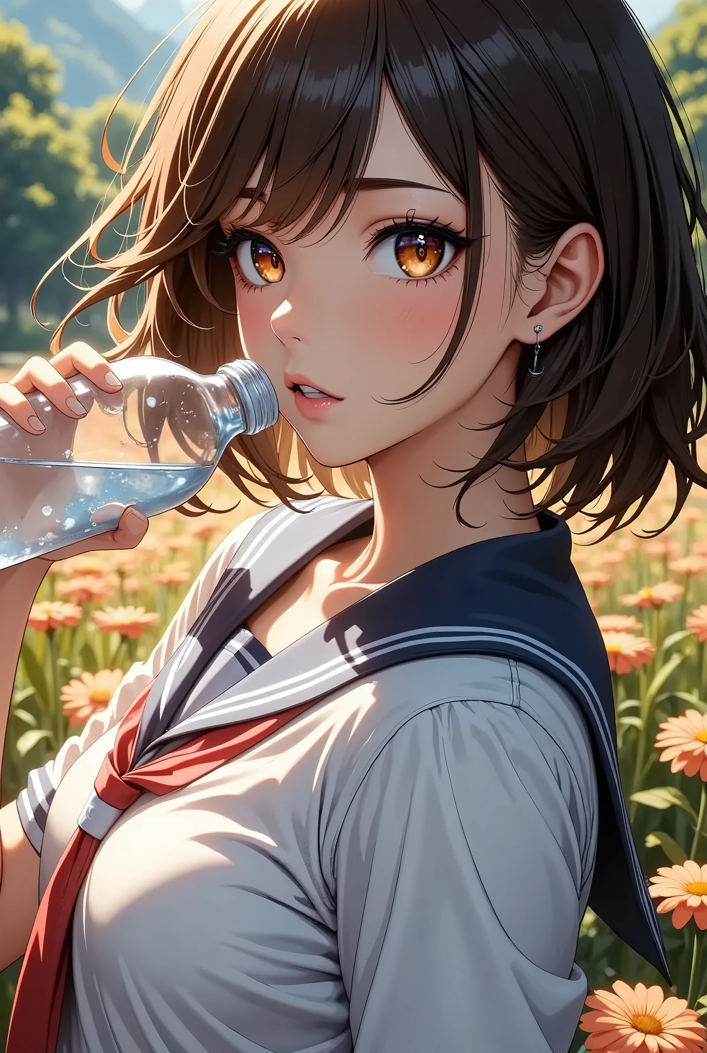 a beautiful teenage girl drinking bottled water, sweating under the hot sun, detailed realistic portrait, intricate details, photorealistic, 8k, ultra-detailed, masterpiece, dynamic lighting, warm natural lighting, glowing skin, sweat on face, messy hair, school uniform, intense gaze, emotive expression, serene, detailed background, nature scenery, lush greenery, flowers, realistic colors, vibrant palette