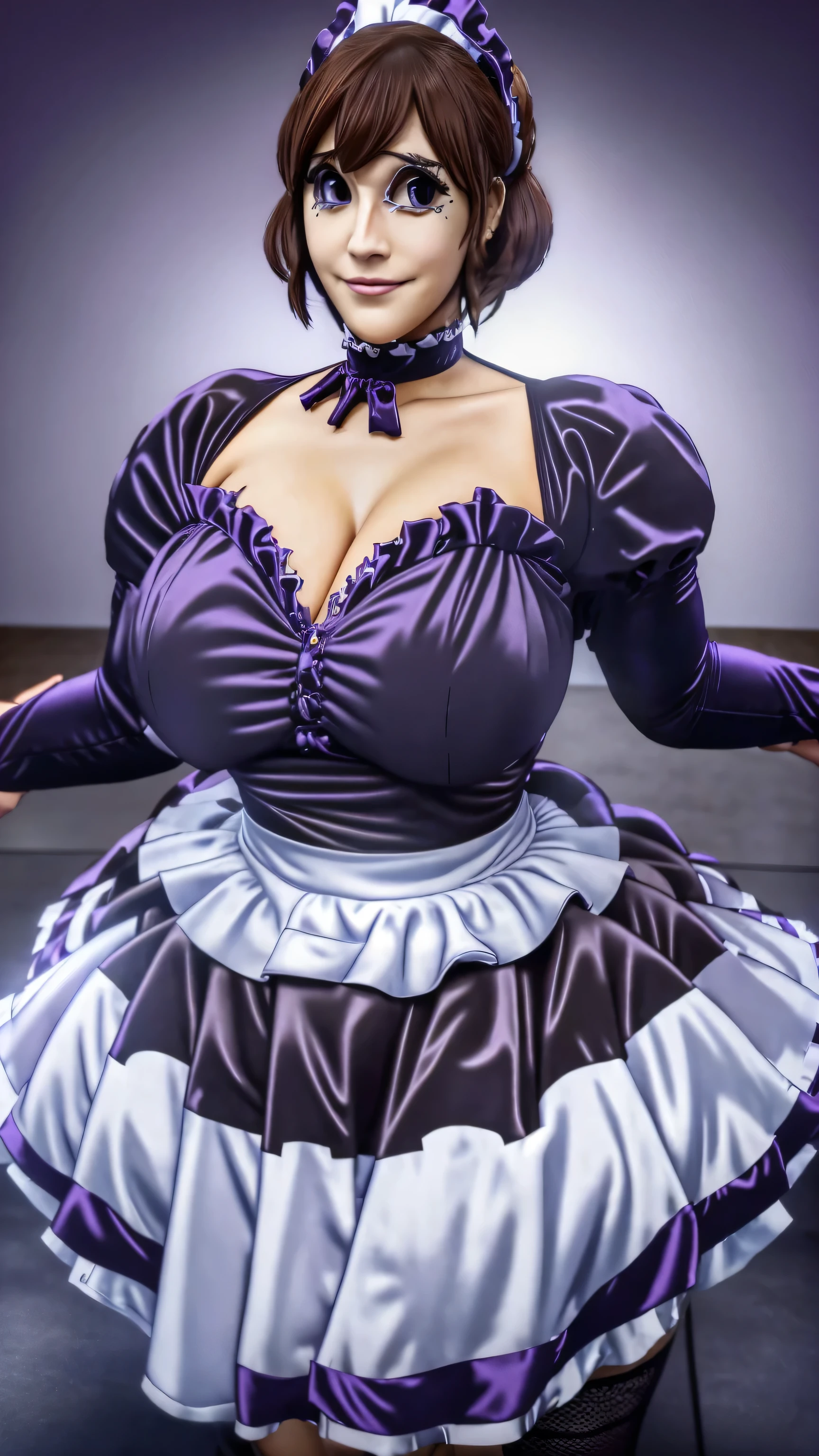 A happy maid woman beautiful big breasts beautiful sexy cute attractive big dark brown hair disheveled cut her light yellow eye big eyelashes dresses purple maid top shows her navel and dresses metallic purple maid skirt She looks at box a white mask smiling in her serious way