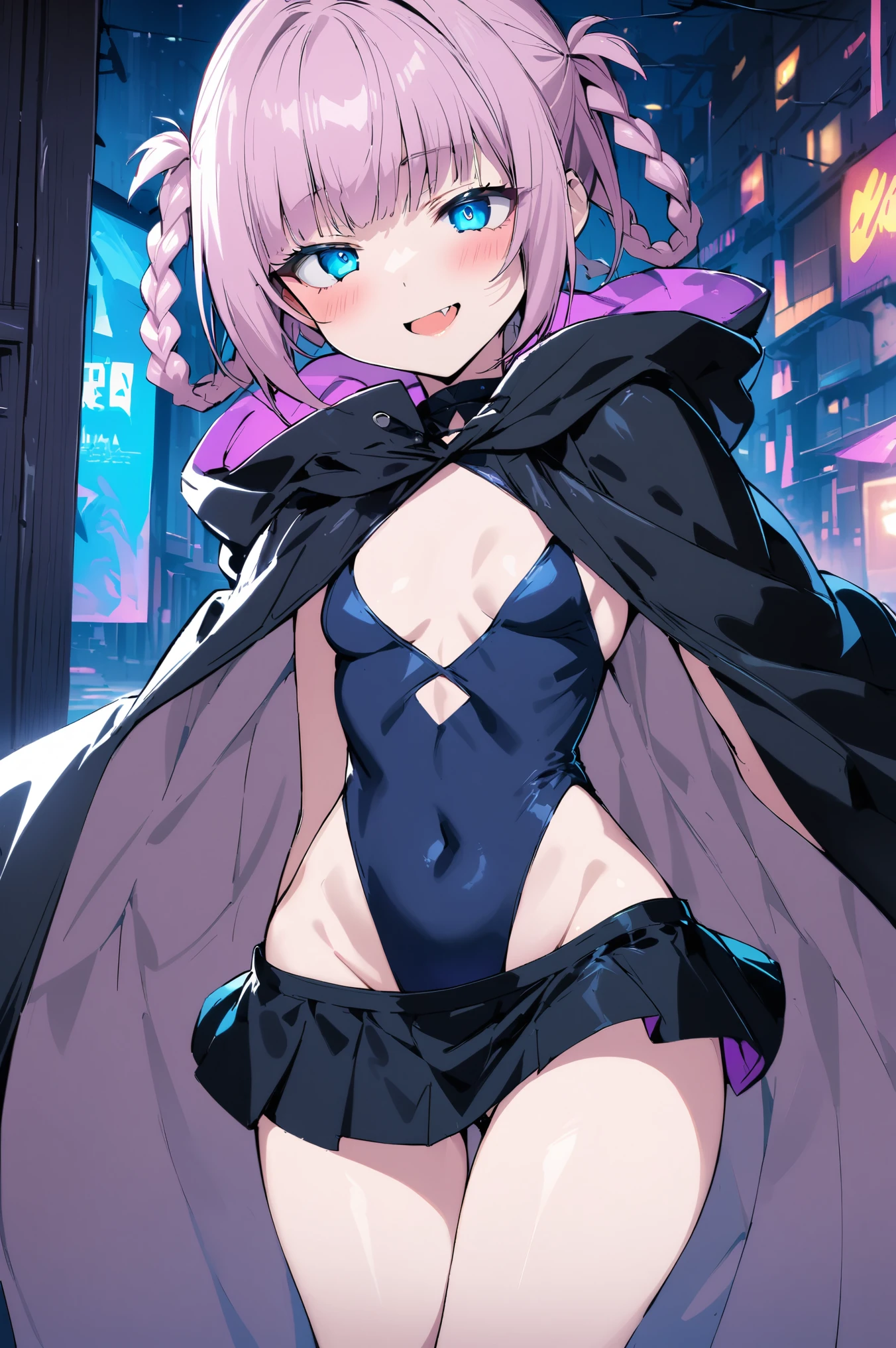 NSFW,masterpiece,Best Quality, high resolution on down, very detailed,Nanakusa Nazuna \(Night Song\),Pink Hair, braided ,bangs, blue eyes,tooth, leotard , high leg, Micro Miniskirt,Cape,Groin,Nightlife,neon,Bewitching Smile