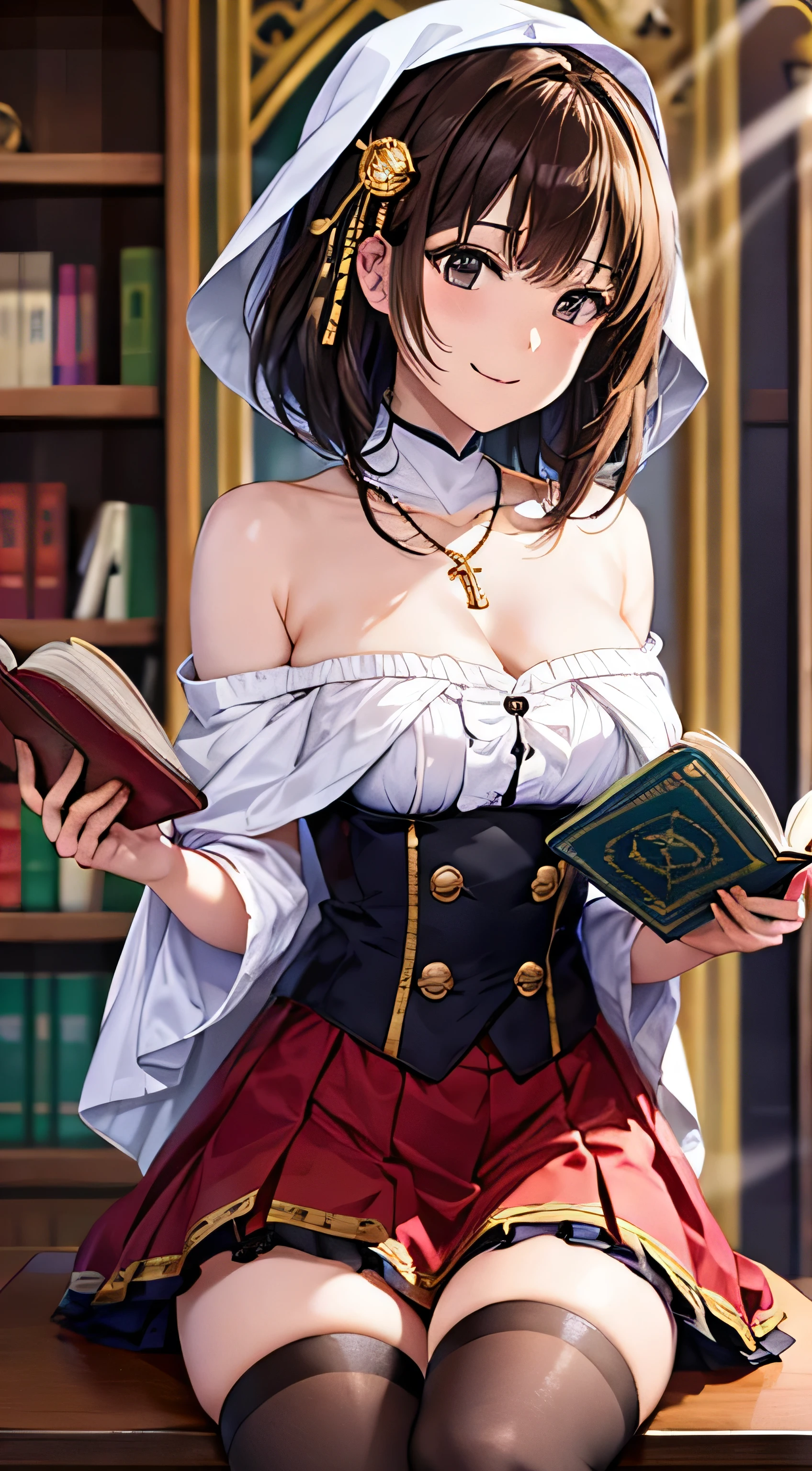 (masterpiece), (best quality), ((very detailed)), (very delicate),Create an image of a 10-year-old girl with silver short hair that has blue accents, which is soft and shiny. She has clear cyan droopy eyes, long bangs covering them, and wears glasses. She is dressed in a neat sailor dress with a luxurious red ribbon around the neck. The setting is a luxurious room with bookshelves and fancy furniture, where she is often immersed in reading. She is shy, with downcast eyes, lacking confidence, and appearing on the verge of tears. Focus on high-quality, realistic detailing in her hair, eyes, dress, and the room setting. Maintain correct anatomy, avoiding extra or missing limbs, and ensuring proper joint structure.