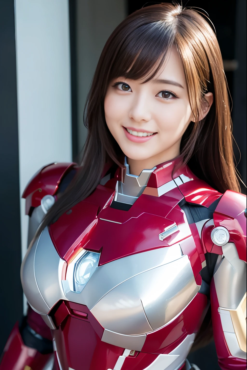 （Best Quality、In 8K、Masseter region、Delicate illustrations、 full body Ezbian:1.1、Big Breasts:1.4）,Wearing a pink and white Iron Man suit、BEAUTIFUL ATTRACTIVE 25 YEAR OLD JAPANESE WOMAN 、 Plump Body 、smile