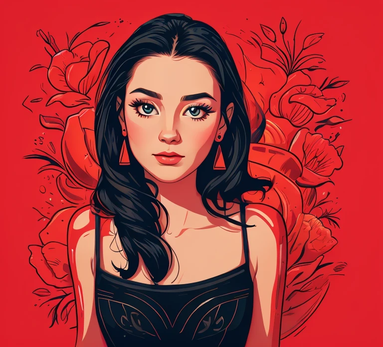 Highly detailed and stylized digital illustration featuring a woman with long, flowing black hair adorned with intricate floral and geometric elements. The layout is vertical, with the subject positioned in a three-quarter profile view, looking to the left. Her facial features are delicate, with fair skin, large expressive eyes, and a calm expression. The artwork incorporates a mix of traditional and modern elements, including vibrant red and orange flowers, ornate patterns, and abstract shapes. The woman's attire is detailed with elaborate designs, and she has a prominent tattoo on her upper arm. The background is a blend of black, white, and red splashes, adding depth and contrast to the composition.

