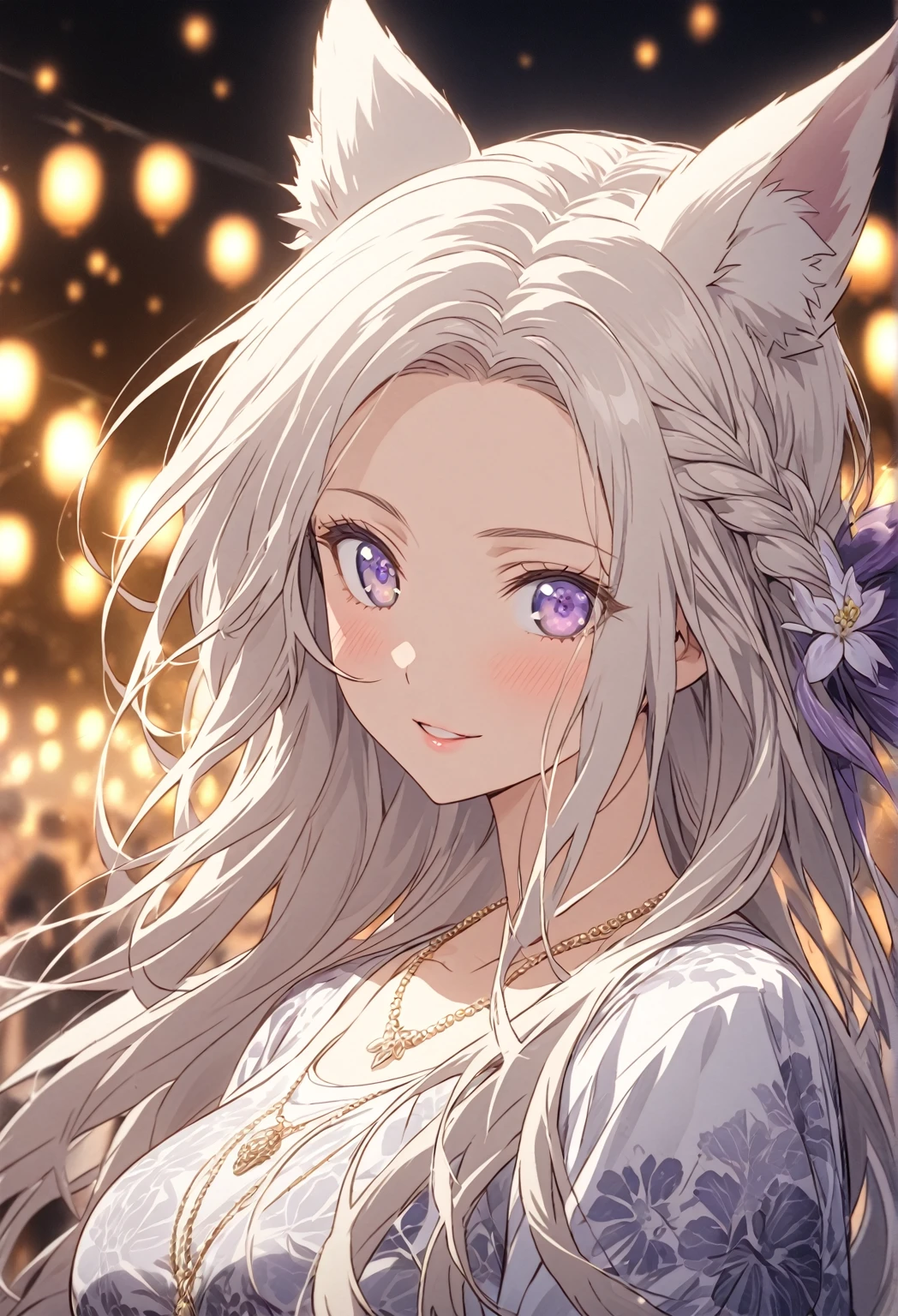 
((Portrait)) ((POV: Close Camera)) ((Flower pattern ornament)) ((Motherly expression)) ((Alone)) Create an anime-style image of Aiko, an elegant fox girl with a graceful aura. She has long, white hair styled in a side braid, soft, fluffy fox ears, and light purple eyes that radiate warmth and kindness. Her expression is gentle and slightly mischievous, conveying both confidence and a caring nature. She is dressed in a chic, modern outfit ideal for a mature woman on a day out, a fitted shirt in a soft neutral white tone paired with high-waisted, tailored trousers that accentuate her figure. She wears a delicate thin simple diamond necklace. Emphasize her graceful figure, big breasts, and mature demeanor, highlighting her caring, protective nature alongside a hint of playful mischief. Set the scene on a vibrant medieval night. The fireworks should create a lively atmosphere, adding a sense of celebration and joy to the scene. Warm blue light and tone in the background. Flowery background. Use a depth-of-field effect to keep Aiko in sharp focus. The scene should be alive with gentle movement, like floating petals or flickering lantern lights, adding depth to the illustration. Use a depth-of-field effect to keep Aiko in sharp focus.
