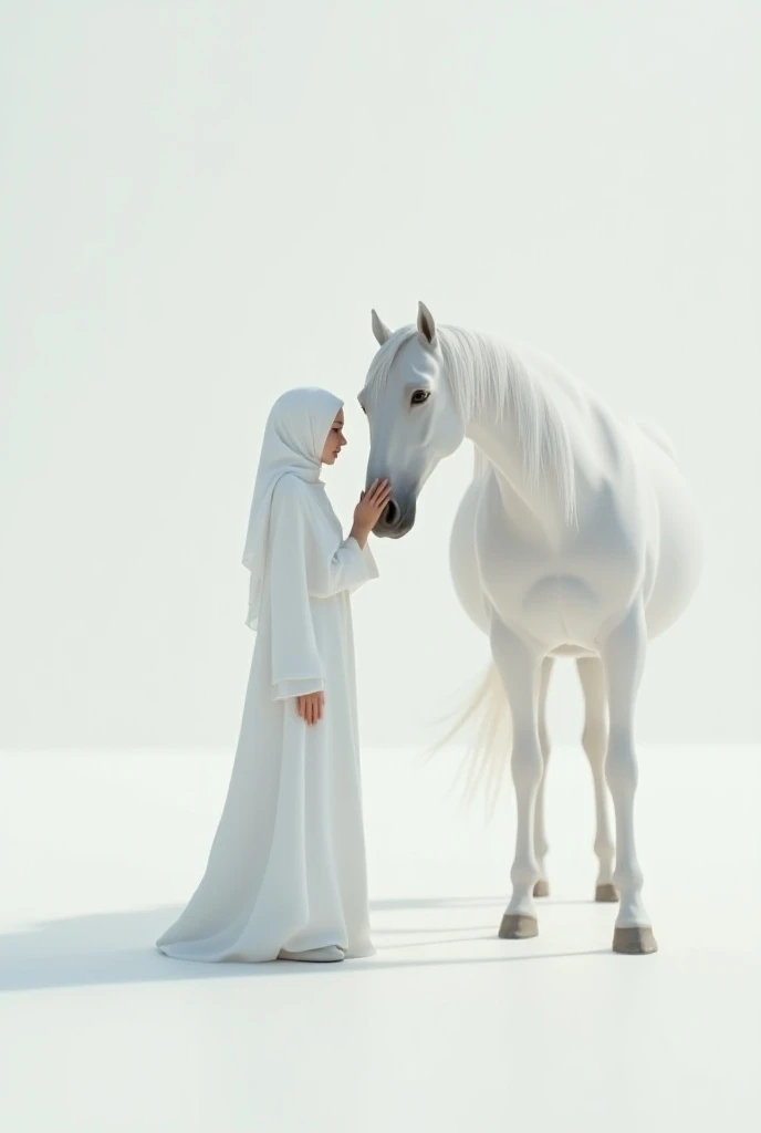 Poster Artwork, hijab woman, smile, dramatic, holding a book, ride a stallion horse, white background, 16k, detail, long clothes, long robes, cinematic lighting, masterpiece, 16k, 3d rendering, sharp face, detailed face,