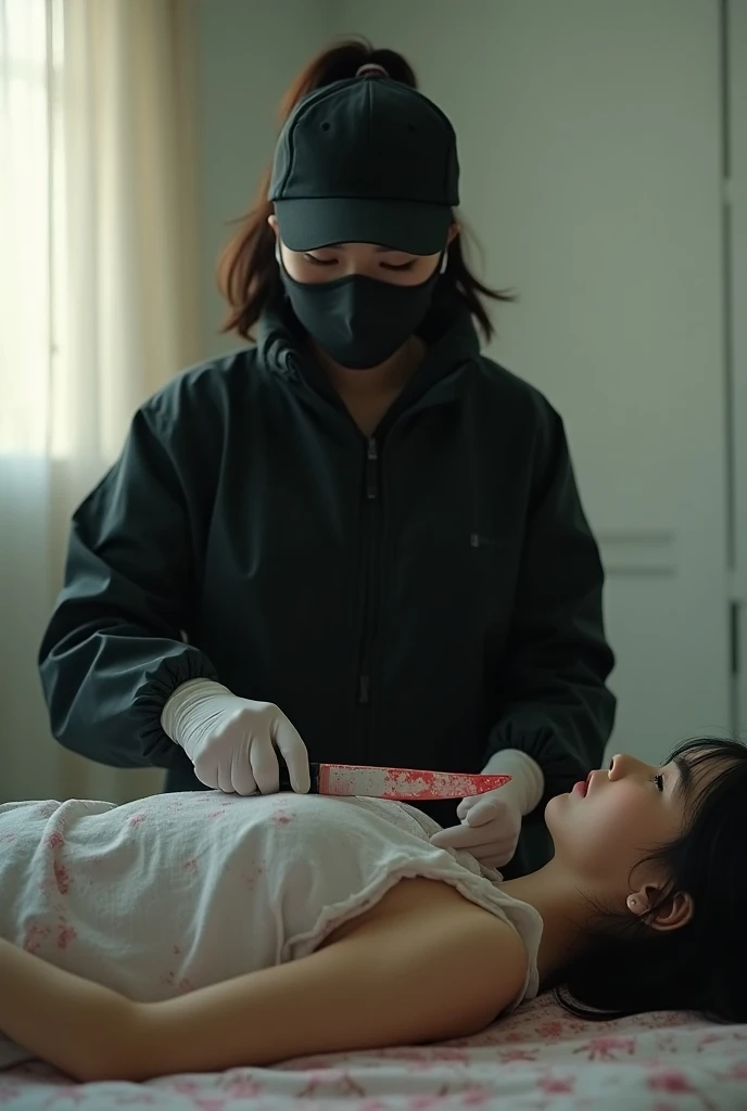 korean girl, (behind stiff, holding knife), stabbing, black surgical mask, black gloves, glasses, torture chamber, black raincoat, trucker hat, holding knife, black gloves, woman on top, behind cadaver, blood splatter, on the bed, looking at viewer, mass murderer, killer, low ponytail, blood splatter, dark atmosphere, cinematic lighting, atmospheric realistic, light from the window,