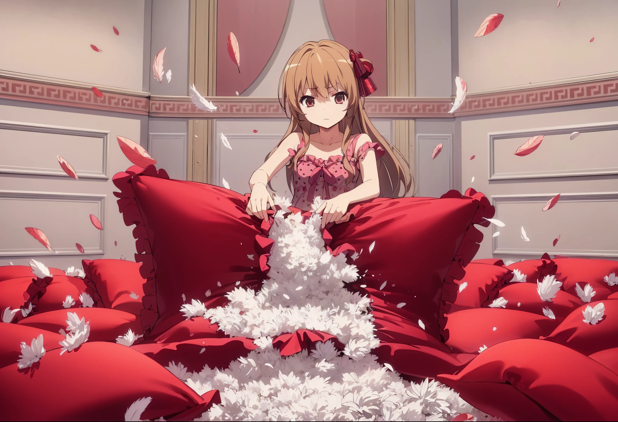 （best quality， masterpiece），1 girl, solo, nsfw, mine , details, Anime style, taiga aisaka. a full-body with up perspective of an anime-style light-brown curly long hair teenage girl with a brown eyes and wearing pink black polkadot camisole, standing and placing a giant, luxury pattern, red satin square cushion with a pink frills on the floor, tearing and ripping it with both hands until it's completely destroyed and then the stuffing of the cushion is taken and spread out using her hands too. After ruining it, the cushion should be ripping open with feathers and stuffing flying everywhere. The girl should have a angry expression, focused on her task. The scene should show her in a luxury and cozy room with pile of many giant, luxury pattern, red satin square cushion with a pink frills around the floor, with the chaotic explosion of feathes around her, emphasizing the intense action