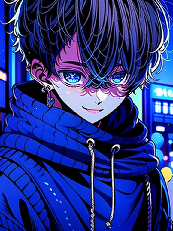 masterpiece, best quality, detailed, ultra detailed、High detail、upper body、Around town、A bustling downtown area、 young man in his 20s 、 blue hair, short hair style、Earrings、Wearing a hooded hoodie 、smile