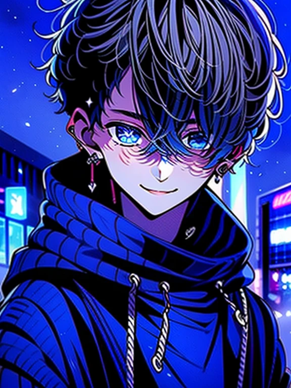 masterpiece, best quality, detailed, ultra detailed、High detail、upper body、Around town、A bustling downtown area、 young man in his 20s 、 blue hair, short hair style、Earrings、Wearing a hooded hoodie 、smile