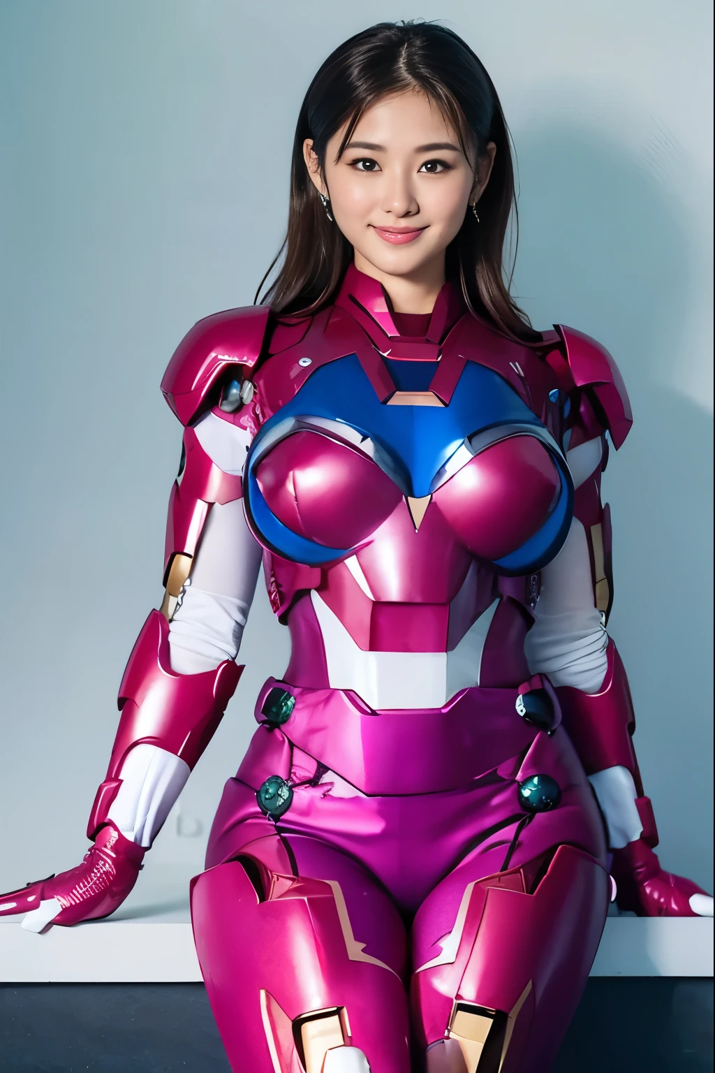 （Best Quality、In 8K、Masseter region、Delicate illustrations、 full body Ezbian:1.1、Big Breasts:1.4）,Wearing a pink and white Iron Man suit、BEAUTIFUL ATTRACTIVE 25 YEAR OLD JAPANESE WOMAN 、 Plump Body 、smile