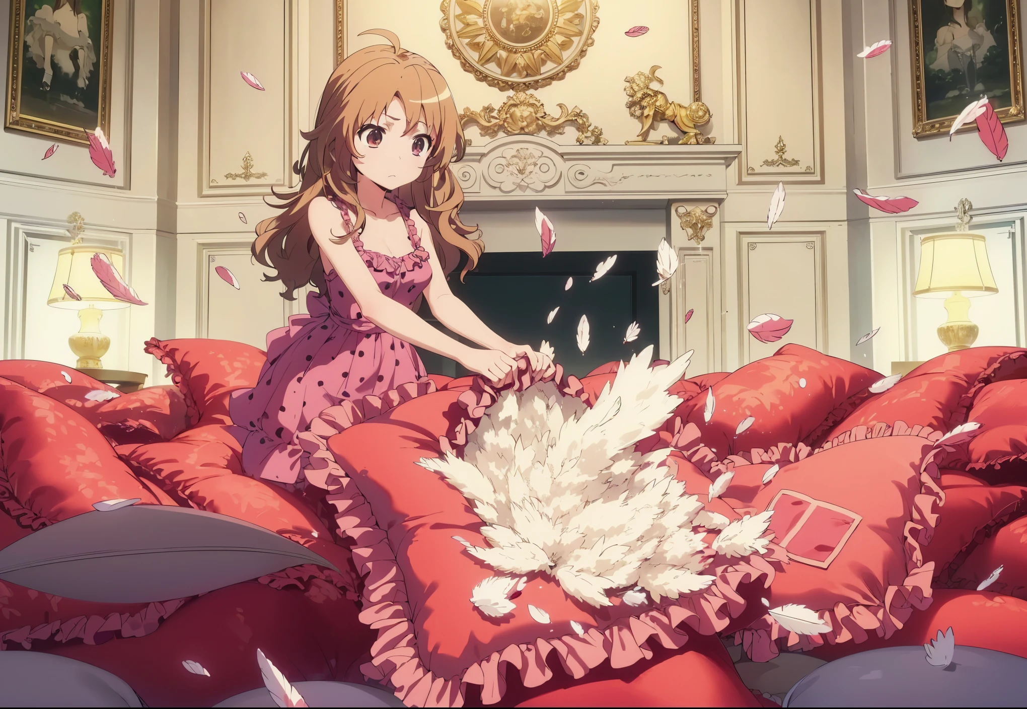 （best quality， masterpiece），1 girl, solo, nsfw, mine , details, Anime style, taiga aisaka. a full-body with up perspective of an anime-style light-brown curly long hair teenage girl with a brown eyes and wearing pink black polkadot camisole, standing and placing a giant, luxury pattern, red satin square cushion with a pink frills on the floor, tearing and ripping it with both hands until it's completely destroyed and then the stuffing of the cushion is taken and spread out using her hands too. After ruining it, the cushion should be ripping open with feathers and stuffing flying everywhere. The girl should have a angry expression, focused on her task. The scene should show her in a luxury and cozy room with pile of many giant, luxury pattern, red satin square cushion with a pink frills around the floor, with the chaotic explosion of feathes around her, emphasizing the intense action