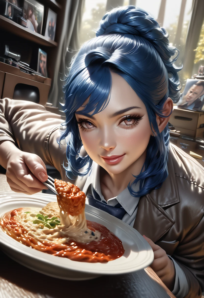 a beautiful woman with long blue hair in a twin-tail hairstyle, wearing a business suit, eating a meal and smiling, highly detailed, photorealistic, 8k, (best quality,4k,8k,highres,masterpiece:1.2),ultra-detailed,(realistic,photorealistic,photo-realistic:1.37),HDR,UHD,studio lighting,ultra-fine painting,sharp focus,physically-based rendering,extreme detail description,professional,vivid colors,bokeh,portrait