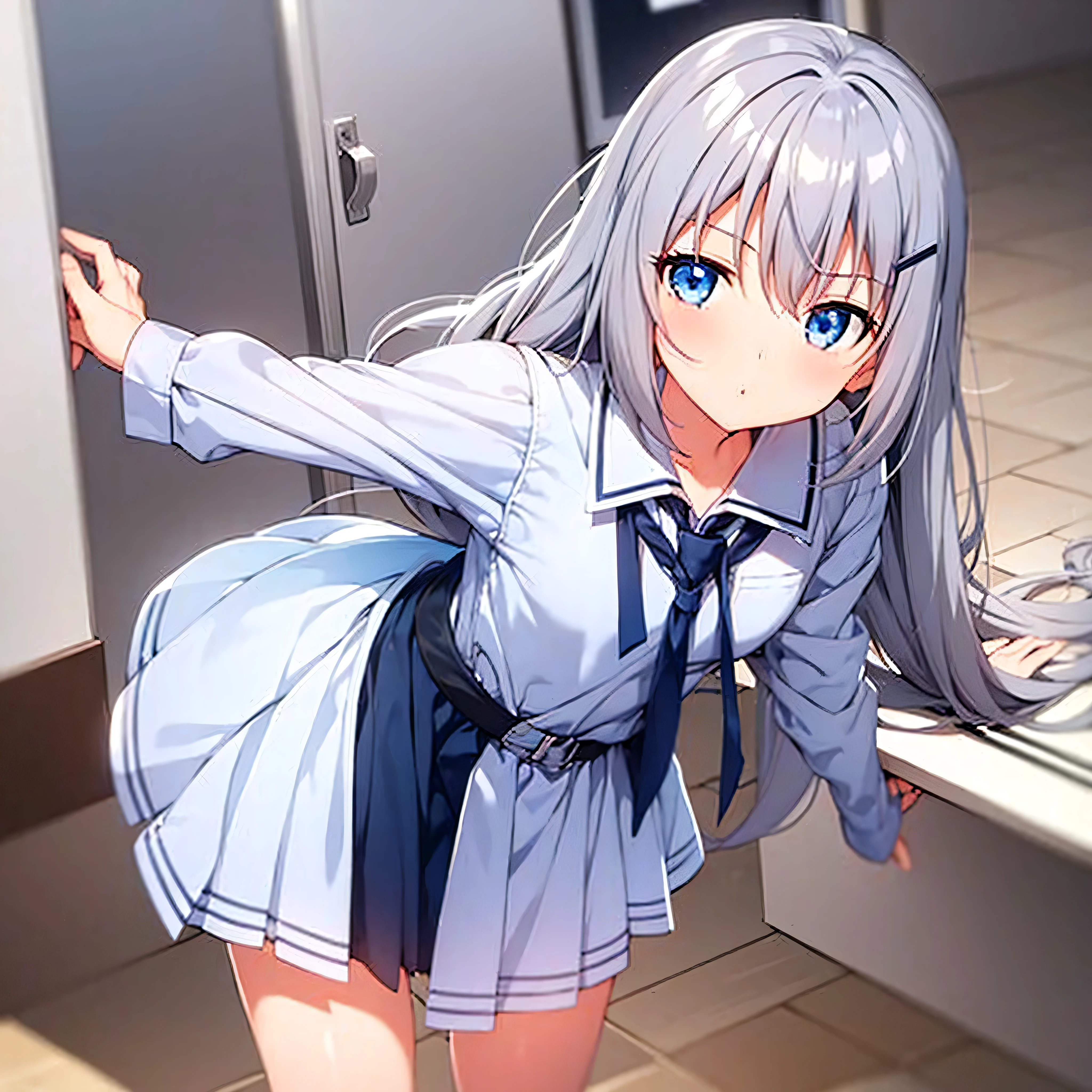  1 girl, Gray Hair, blue eyes,uniform,Dignified, flat chest, is standing,long hair