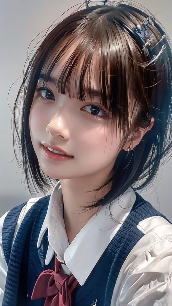 ((masterpiece, Best Quality,  high resolution on down,  Ultra High Definition)),  Japanese High School Girls、(Realistic:1.4)、excited、Great face、 close your mouth、 wet lips、Age 15,  short hair ,(Beautiful Hair:1.4),  high school uniform 、(Navy blue vest, red tie , white dress shirt,Short sleeve, very short mini pleated skirt)、Sitting on a hotel bed、Stare,  angle from the front to reach the wall,  Textured Skin,  high definition CG synthesis 8K wallpaper,  high resolution on downのRAWカラー写真,  professional photo shoot, Light, BackLight, Impressive,  Written Boundary Depth, (Lips close up:1.5)