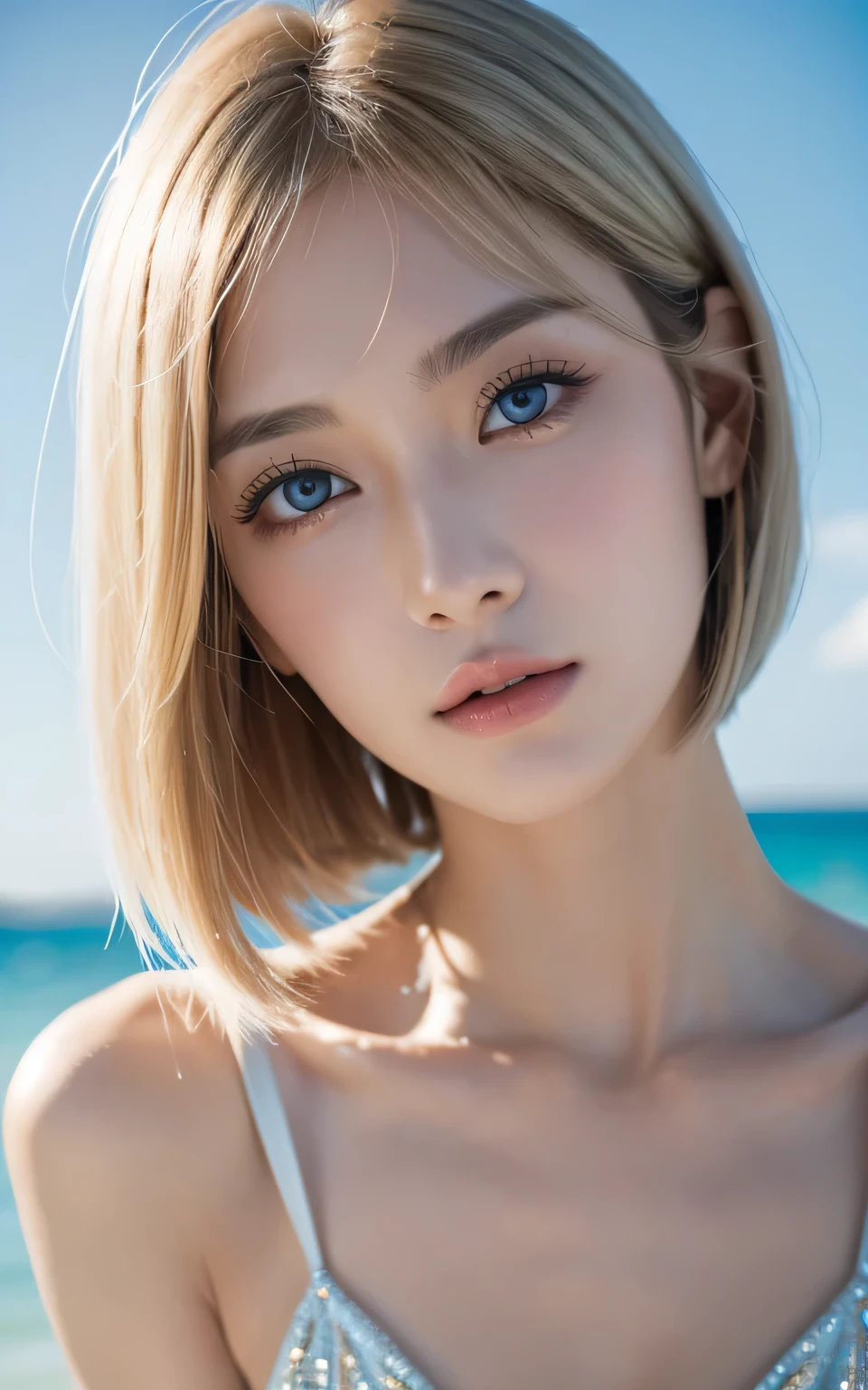 smile、Sunbathing in a white bikini、short hair、素晴らしいsmile、beautiful albino woman、white skin、white hair、Idol、30 year old woman、master piece、big breasts、highest quality、master piece、High resolution、albino girl、(((white eyes:1. 3))、robe blanche、、Tyndall effect、real、shadow studio、Ultramarine Lighting、dual tone lighting、(high detail skin:1.2)、dim lighting、dark lighting、digital single lens reflex、photograph、High resolution、4K、8K、background blur、Fade out beautifully、