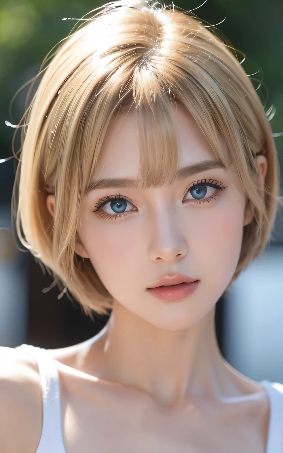 masutepiece, Best Quality, Illustration, Ultra-detailed, finely detail, hight resolution, 8K Wallpaper, Perfect dynamic composition, Beautiful detailed eyes, Natural Lip, Girly , Big breasts, cleavage,Sad face、Blonde、short hair