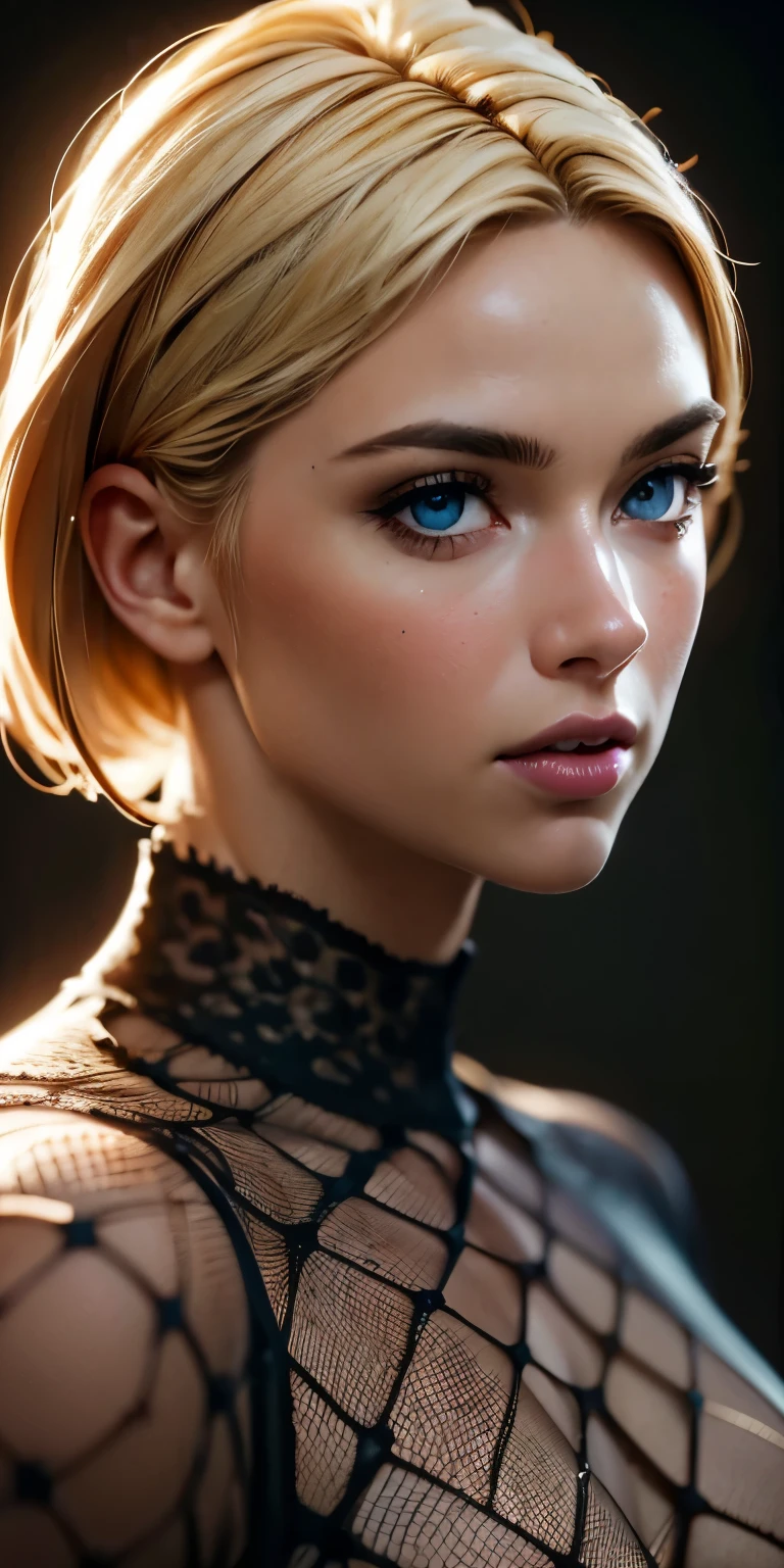 A beautiful detailed portrait of Gwen Stacy, a young woman with clear blue eyes, a shaved head, and blonde hair, (best quality,4k,8k,highres,masterpiece:1.2),ultra-detailed,(realistic,photorealistic,photo-realistic:1.37),HDR,UHD,studio lighting,ultra-fine painting,sharp focus,physically-based rendering,extreme detail description,professional,vivid colors,bokeh,portrait,concept art