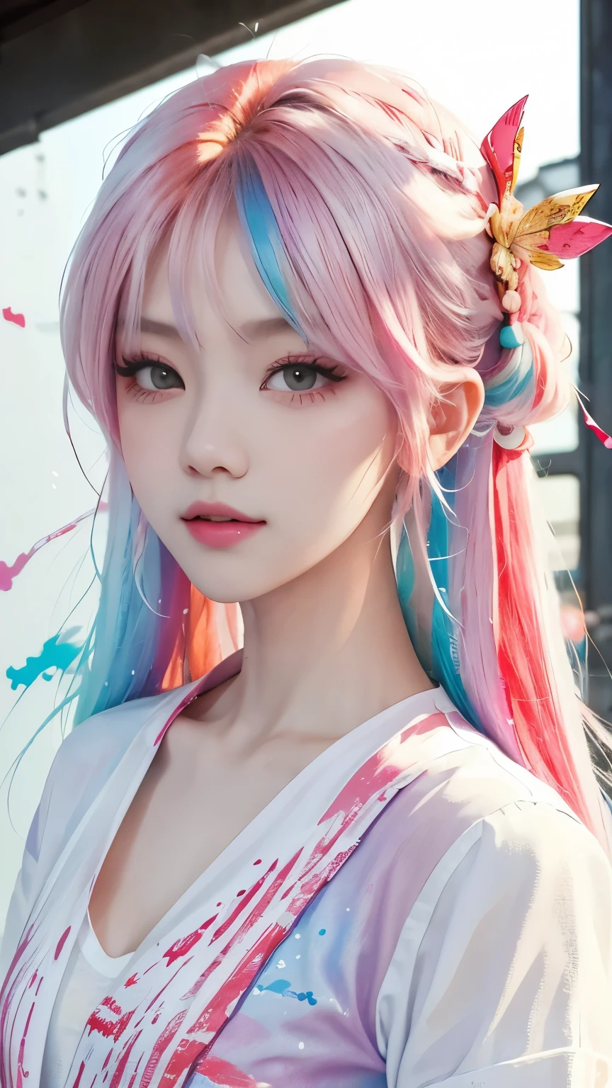 (tmasterpiece、best qualtiy、A high resolution),white backgrounid,((paint splatter,splash of color,Splash ink、Color splattering)),Sweet Chinese girl,rainbow hair,Pink liprontage,The upper part of the body,The expression is charming,the detail,high light