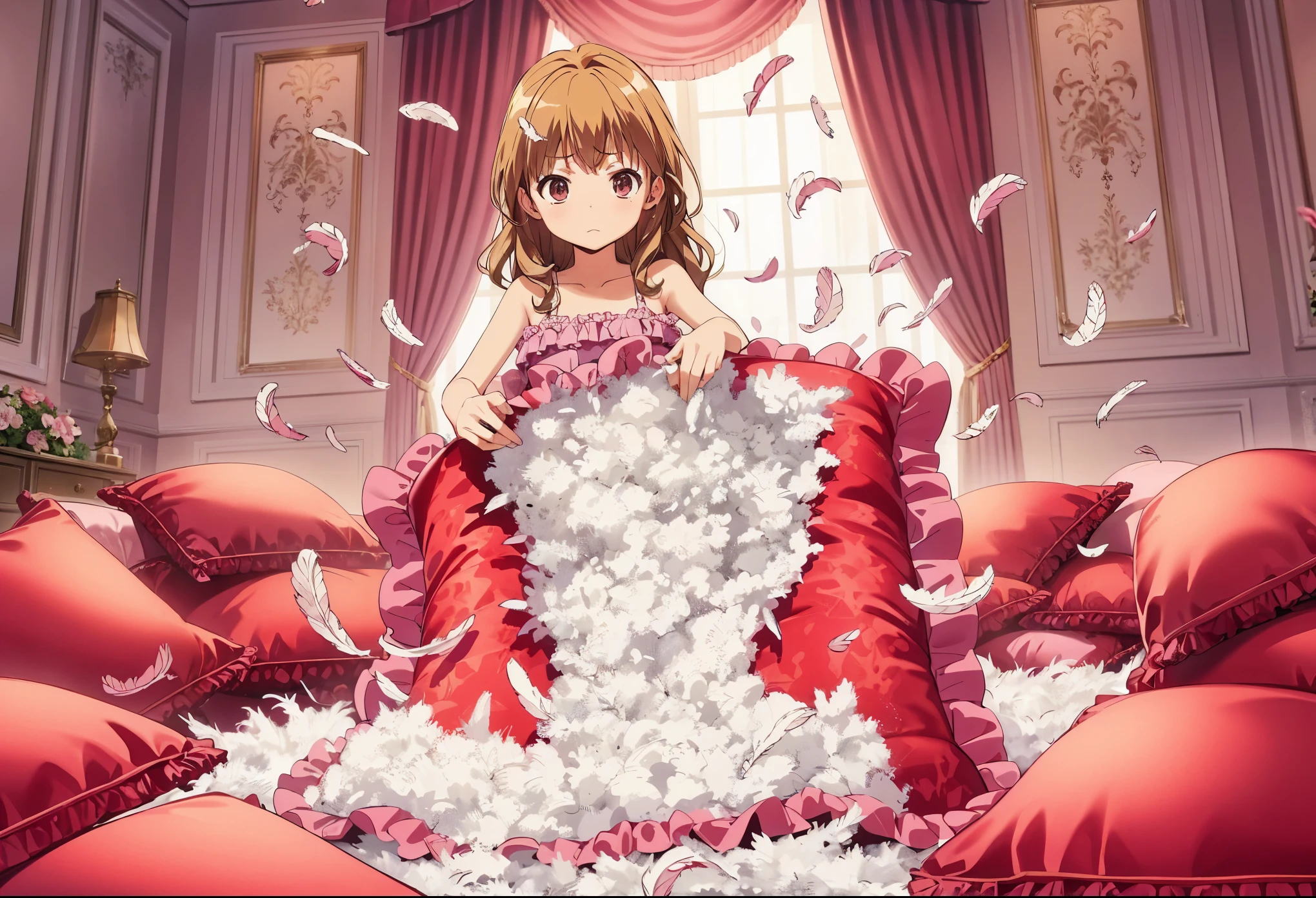 （best quality， masterpiece），1 girl, solo, nsfw, mine , details, Anime style, taiga aisaka. a full-body with up perspective of an anime-style light-brown curly long hair teenage girl with a brown eyes and wearing pink black polkadot camisole, standing and placing a giant, luxury pattern, red satin square cushion with a pink frills on the floor, tearing and ripping it with both hands until it's completely destroyed and then the stuffing of the cushion is taken and spread out using her hands too. After ruining it, the cushion should be ripping open with feathers and stuffing flying everywhere. The girl should have a angry expression, focused on her task. The scene should show her in a luxury and cozy room with pile of many giant, luxury pattern, red satin square cushion with a pink frills around the floor, with the chaotic explosion of feathes around her, emphasizing the intense action