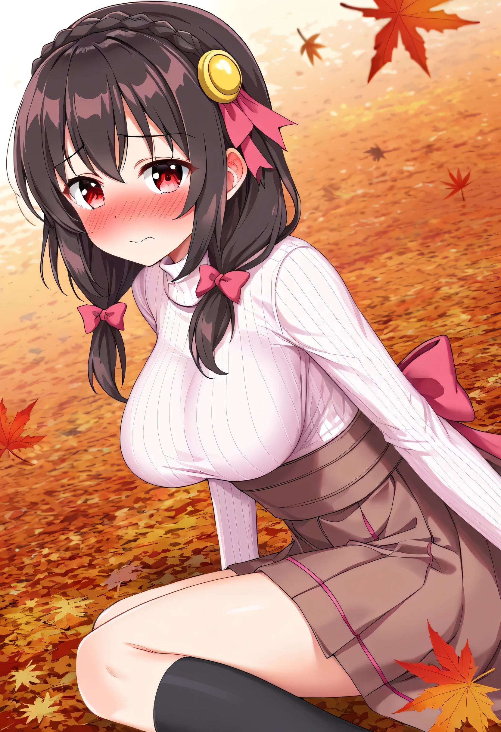 yunyun、masterpiece,Best Quality,  high resolution on down,one person, Yunyun、My name is Yunyun,  crown braid the same color as her hair, Black Hair、Red eyes、 hair accessory,  hair bow, ( white turtleneck:1.4), ( brown skirt ),  knee socks, (She has big breasts)、( beaming face )、(blush:1.4)、Autumn leaves and lakeside 、 is opening its mouth、(Looking Back)