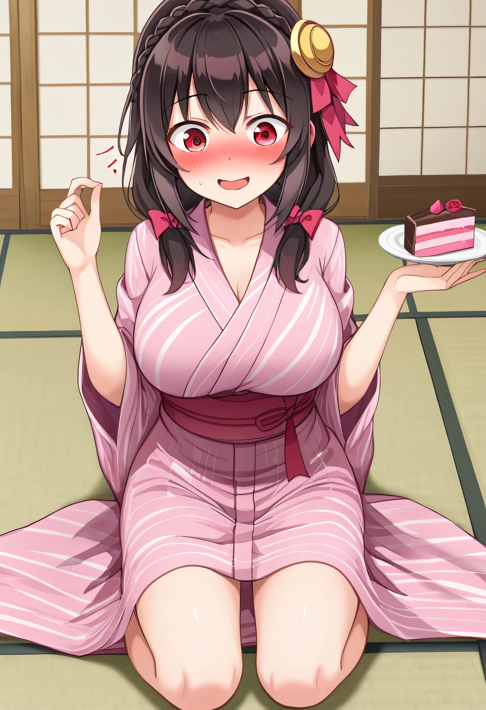 yunyun、masterpiece,Best Quality,  high resolution on down,One person, Yunyun、 crown braid the same color as her hair, Black Hair、Red eyes、 hair accessory,  hair bow, Pink Yukata, 、(She has big breasts)、(Surprised Smile:1.2)、(blush:1.3)、indoor、Seated on tatami mat 、Eating cake