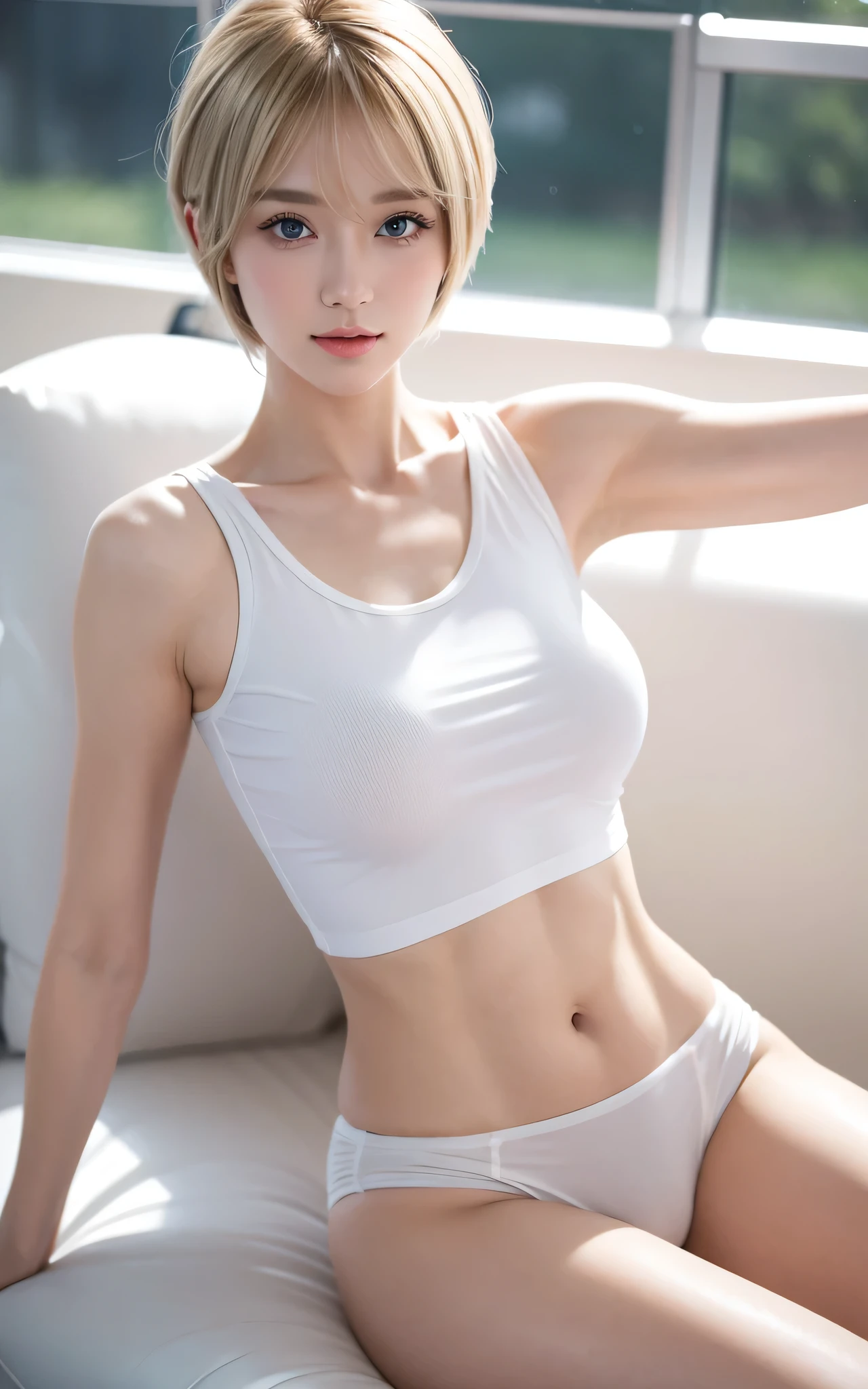 beautiful girl,sexy,white hair,Mass Wear,wearing sleeveless t-shirt,Wear shorts.,lying in bed