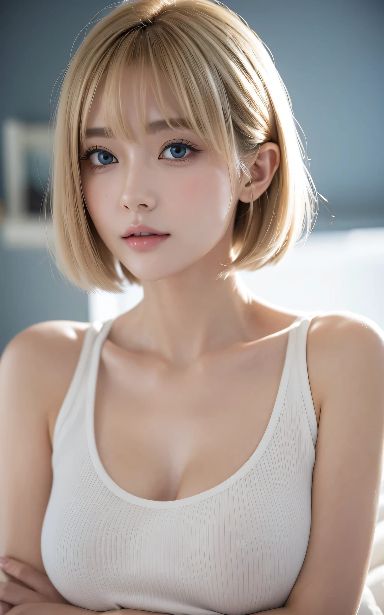 White and beautiful skin、Small nipples、Green Eyes、Blonde Short Cut、goddess、Big Breasts、hairless labia、