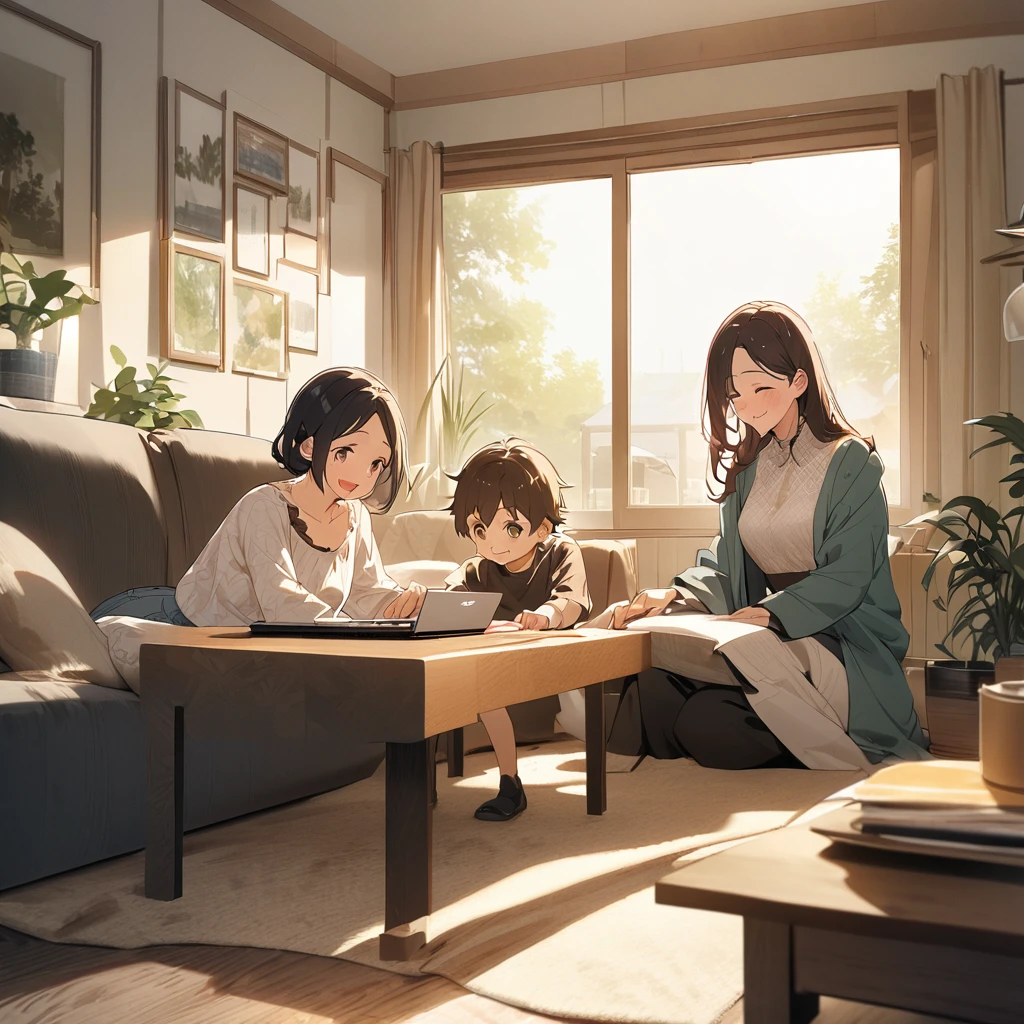 Una imagen Estilo Pixar, It reflects a lot of happiness, it is a father of a family and his two little daughters. el hombre que es el padre, The one who has brown, beige skin is his skin., el utiliza un traje de oficina, He is tall, looks 50 years old with black hair., en las manos de el padre llevados bolsas de regalos para sus hijas, the daughters are very happy to see their father, el se nota muy feliz  ,surprising his two daughters, ages 10 and 6, his female daughters, one is taller than the other,They are very happy. They have brown skin and straight black hair. The setting is the living room of a house., girls toys atmosphere , se ven todos a los ojos y sonriendo tienen rostros perfectos