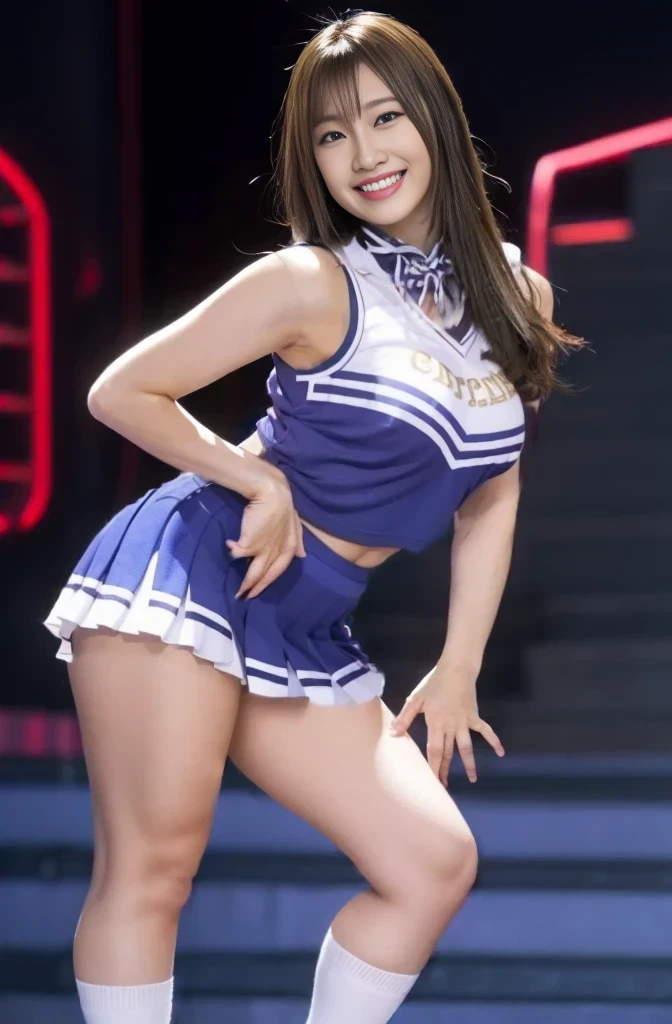 cheerleaders、Colorful cheering costumes、Navel is visible、Short Skirt Lift、Big pompons、Blue panty、NSFW、Raise one leg high to cheer、(((Highkick:1.3)))、Low angle full shot、Ground Level Shots、From below、High and wide sky、spectator seats、1 Japan Girl、Put your hands behind your head to show your armpits、(8K、top-quality、masterpiece:1.3)、Golden Ratio Face、Best smile looking at the camera、large full breasts、(layers-Cut、tits out:1.2)、Brown Medium Bob Curl Hair、Professional Writing、Stadium at night、Blurred light、Nogizaka Idol System、hposing Gravure Idol、