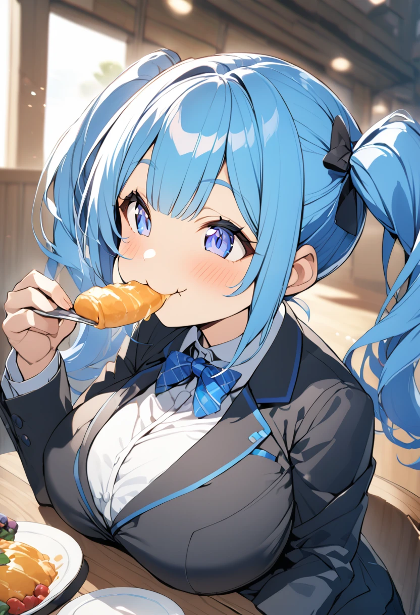 blue hair, bangs, twin tails, huge breasts, suit, eating, smiling