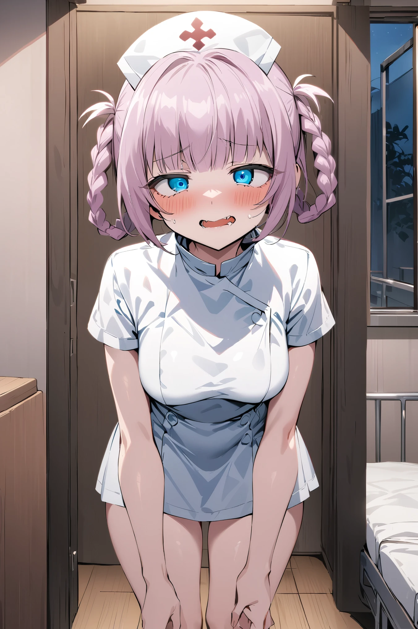 NSFW,masterpiece,Best Quality, high resolution on down, very detailed,Nanakusa Nazuna \(Night Song\),Pink Hair, braided ,bangs, blue eyes,tooth,nurse,Nurse uniform, miniskirt,High quality panties,Hospital at night,Hospital room, bedroom,curtain,Frustrated face,Wisdom face, Love Drops , open crotches