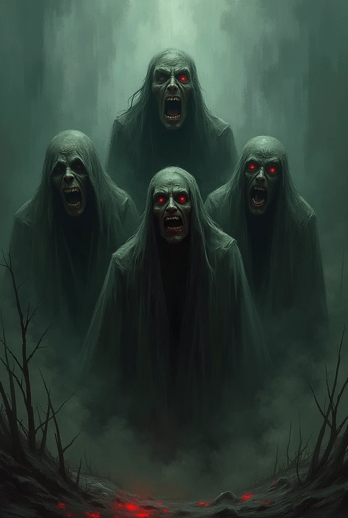 a group of ghost like ghosts with black eyes and white faces, ghosts, ghostly spirits, haunting and spooky, halloween wallpaper with ghosts, ghost faces, enveloped in ghosts, ghostly figures, phantom ghosts in the background, haunting!, ghosts in the background, ghostly atmosphere, with dark ghost smokes around, ghostly, ghosts night sky, eerie!