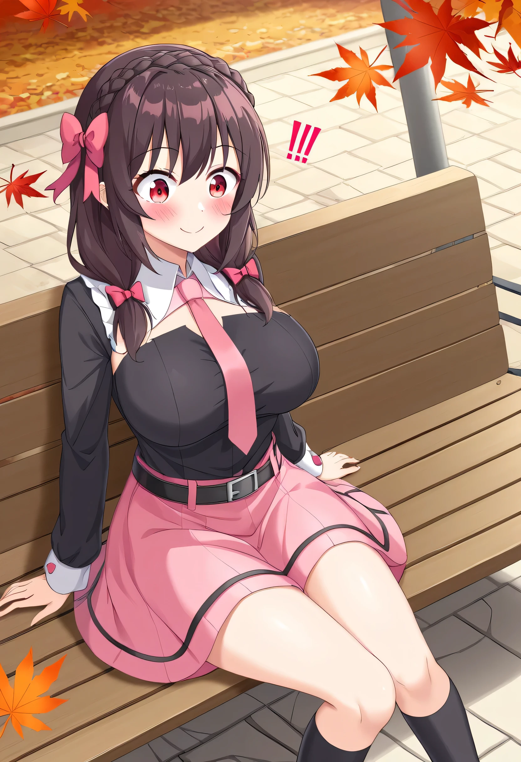 yunyun、masterpiece,Best Quality,  high resolution on down,one person, Yunyun、My name is Yunyun,  crown braid the same color as her hair, Black Hair、Red eyes、 hair accessory,  hair bow, ( Pink tie ), Black long sleeve,  Pink Skirt,  knee socks, belt, (Chest cut-out),( Clevis)、(She has big breasts)、(Surprised Smile:1.3)、(blush:1.2)、autumn leaves、 your mouth is wide open、Looking up、 sitting on a bench 