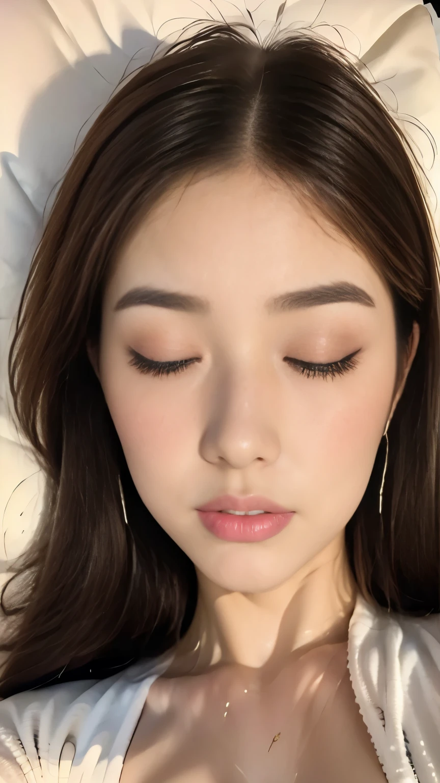(8k、 RAW photos up close、top-quality、masterpiece:1.2)、(Realistic、 Photorealistic:1.37)、Red lipstick,Age 25,((Woman sleeping in bed)),Dim lighting,Dark room,midnight,Black Hair,Straight long hair style, detailed face,Pink blush:1.3,Detailed lips、 detailed eyes on board、double eyelid, Perfect Body ,B90W60H90,( white skin:1.6),white loose fitting bathrobe,(( close your eyes)),Deep sleep, from above