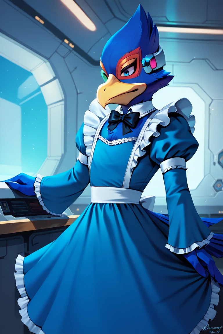 score_9, score_8_up, score_7_up, score_6_up, 1boy, solo, Falco lombardi, inside spaceship, beckoning, straight on, blue maid dress,