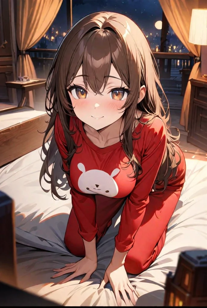 (masterpiece, highest quality), One girl, Yunyun,Long Hair,Braiding,Twin tails,Hair between the eyes,Hair Ribbon,hair ornaments,Red Eyes,Big Breasts,(Yellow off-the-shoulder pajamas),Pink Pants,A shy smile,Lie face up on the bed,No pants
