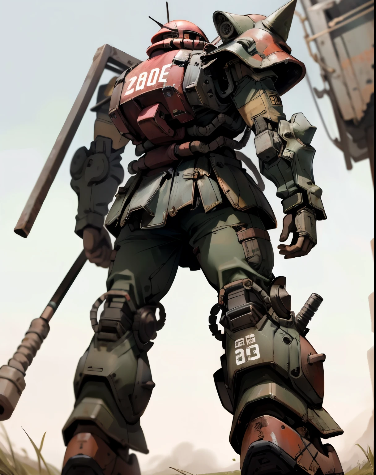 Zaku、A man with good style in armor、 dynamic pose 、Rear view