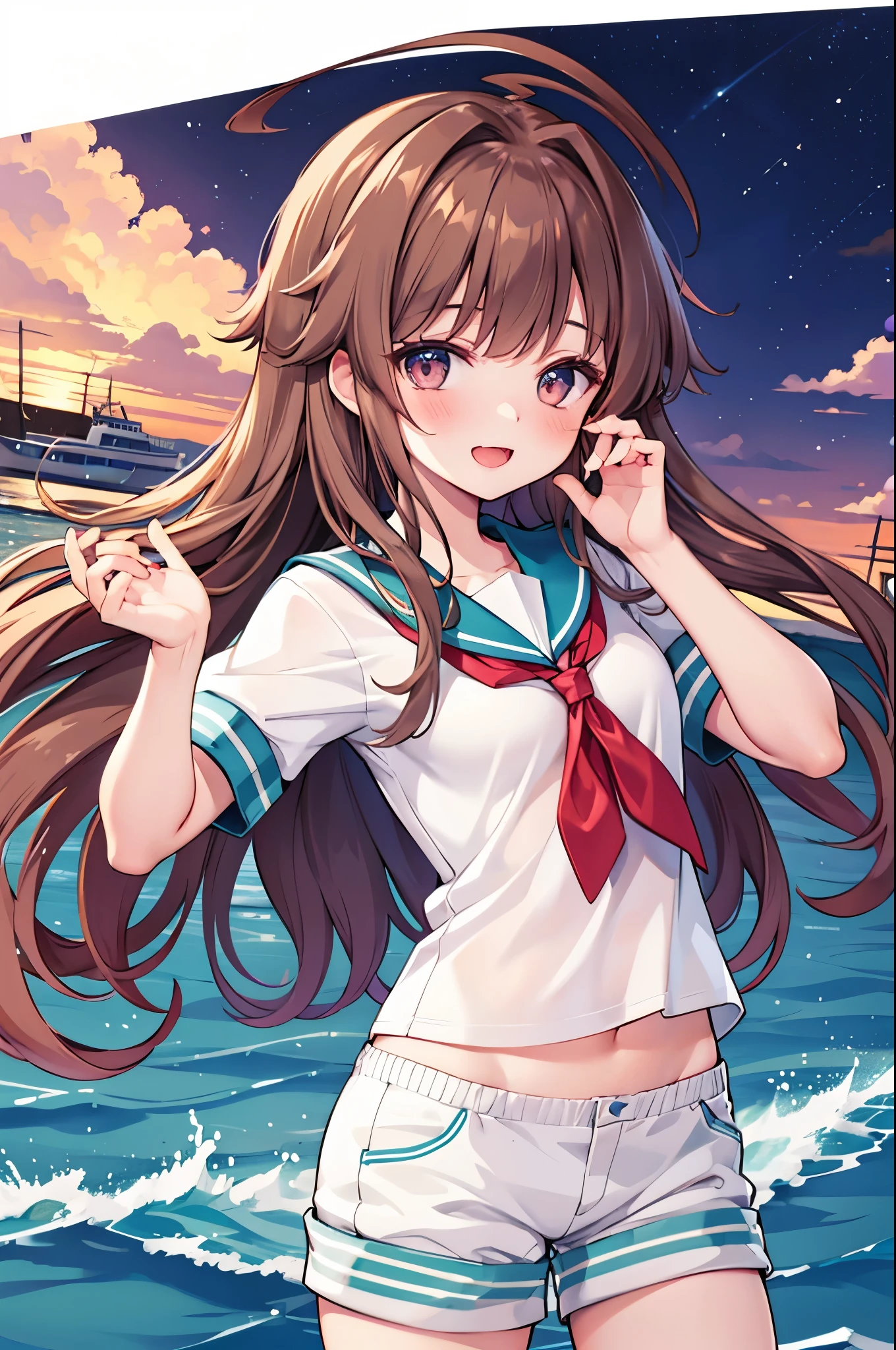 1young__ girl, brown_hair, long_hair, sailor_uniform,white_ baggy_shorts, short_sleeve, thighs, small_breasts, big_smile, open_mouth, standing, harbor_background, slightly_spread_legs, happiness, covered_crotch,ahoge,XD,exciting,