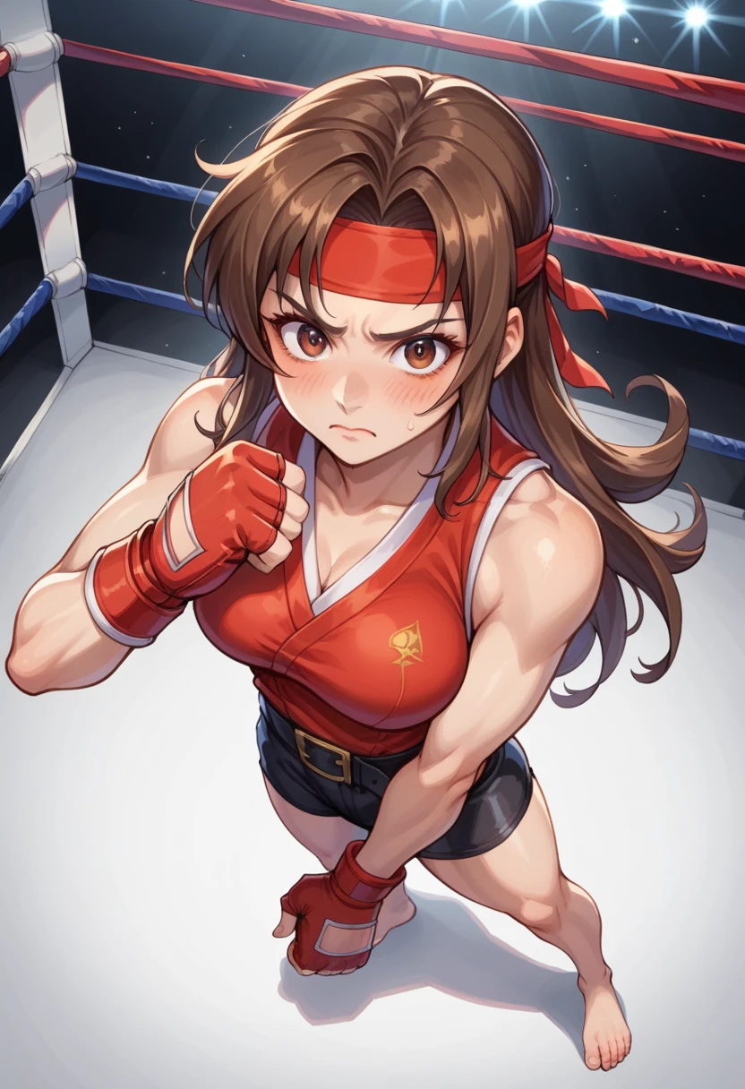 score_9, score_8_above, score_7_above, 1 , Alone,gender swap \(mtf\),  medium breasts , skinny, Ryustr33tf1ght,  black,  long hair,  brown hair ,  brown eyes, headband, (white Dougie ), sleeveless, black belt, red gloves, fingerless gloves, Bare Bottom, thighs, standing,  full body , bare feet, nervous,  fighting position , Blush,  looking at you, fighting ring,  camera flashes 