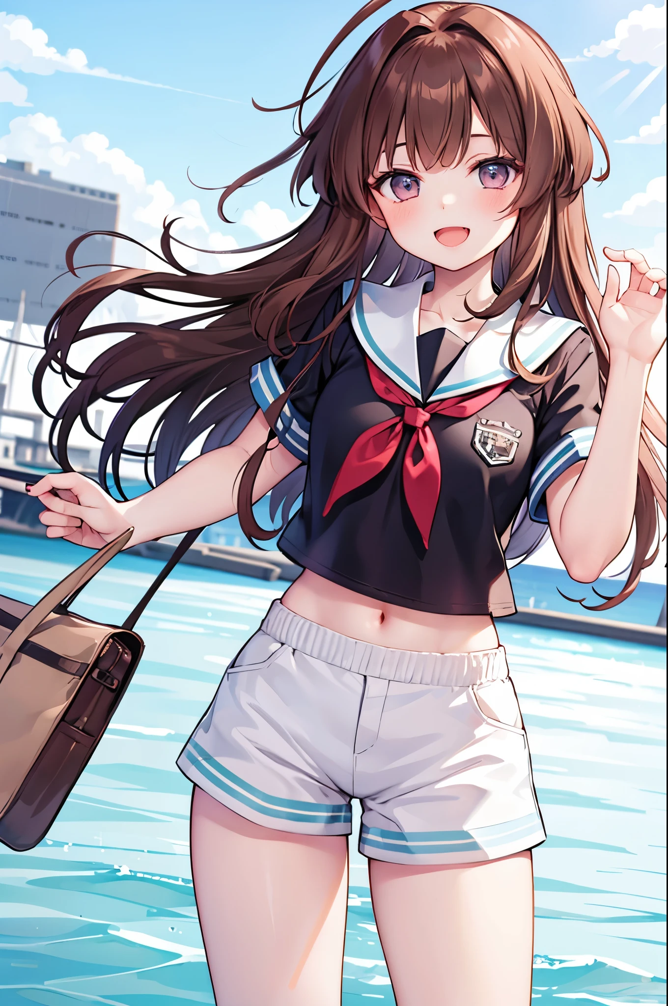 1young_teen_ girl,  brown_hair, long_hair, sailor_uniform,white_ baggy_shorts, short_sleeve, thighs, small_breasts, big_smile, open_mouth, standing, harbor_background, slightly_spread_legs, happiness, covered_crotch,ahoge,XD,exciting,