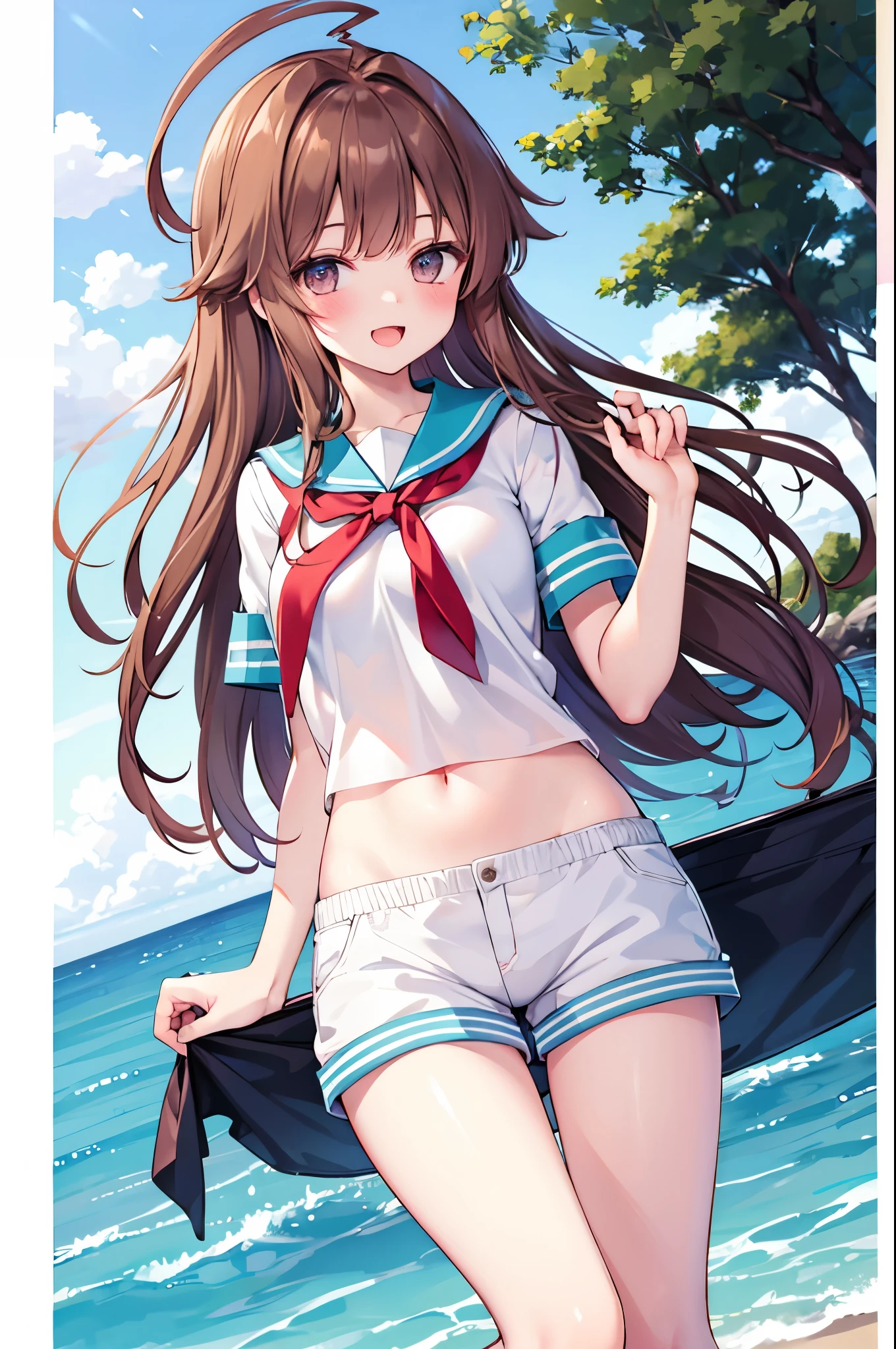 1young_teen_ girl,  brown_hair, long_hair, sailor_uniform,white_ baggy_shorts, short_sleeve, thighs, small_breasts, big_smile, open_mouth, standing, harbor_background, slightly_spread_legs, happiness, covered_crotch,ahoge,XD,exciting,