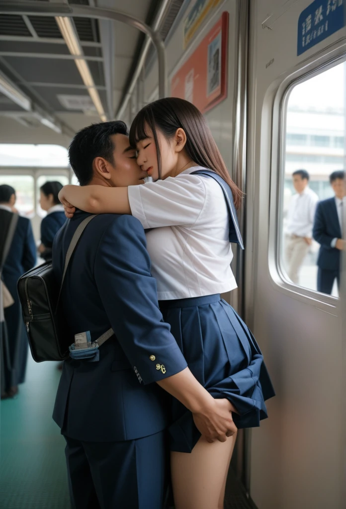 NSFW, crowded train, Japan , Handsome man hugging her from behind, Talking in her ear, lift her up, miniskirt twisted upwards, 40k, photograph, masterpiece, highest quality, dark gray background, ((Japan girls' high school uniform)), A man leans on her from behind、I held you up, Mr.々Hit the pose., large breasts