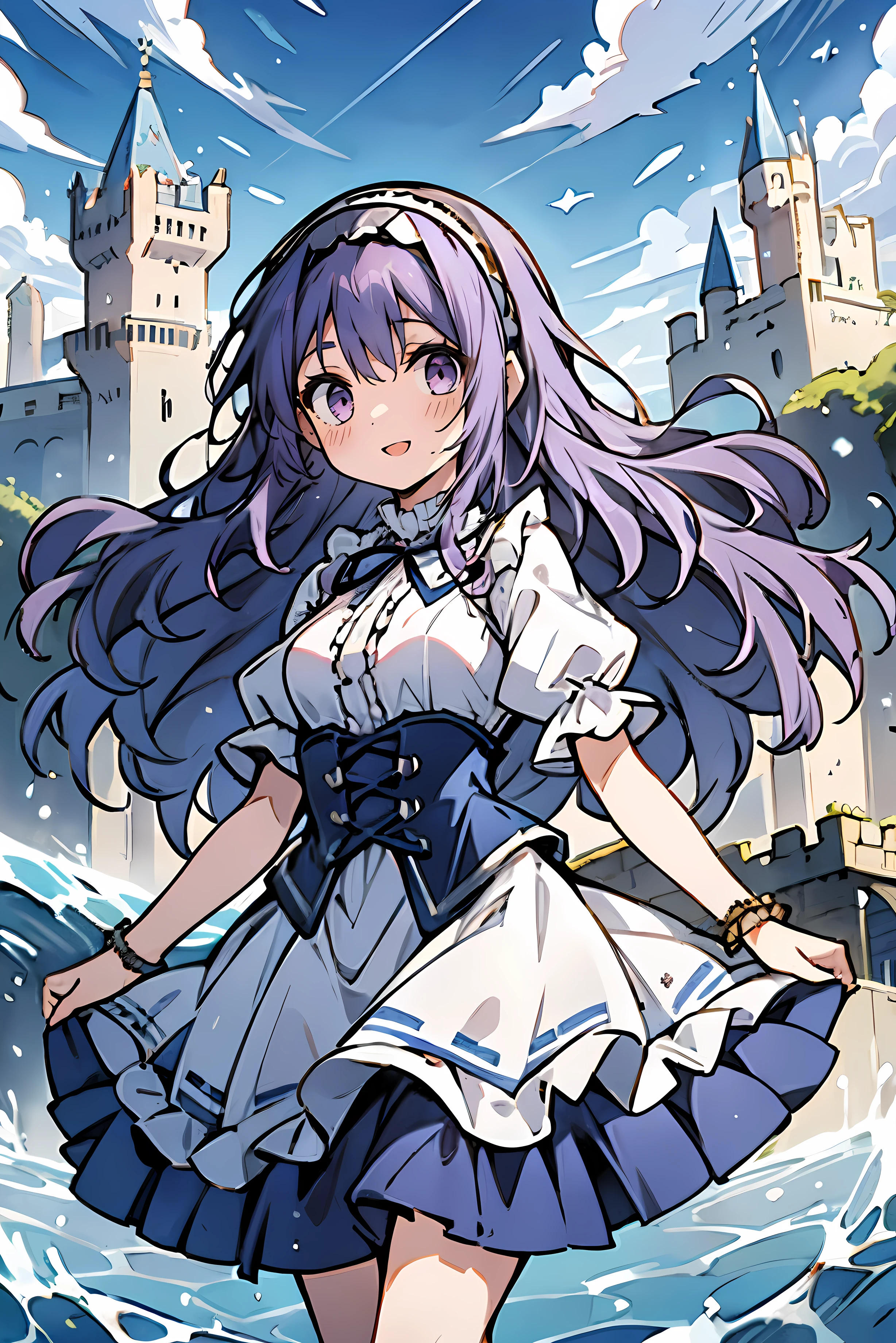 (masterpiece:1.2), (high quality:1.2), reo mikage, blue lock, girls with((((solo, 1 girls, (wavy long hair, frilled hairbands:1.55), puffy sleeves + blue dress + skirt adds short dress + navy tights + white shirt and frills collared shirt + neck ribbon + corset + bracelet, frilled dress, short sleeves, purple eyes, purple hair, smiling, standing))), background with((camelot kingdom, castle, sky, sea, shining sunlight, august 12))